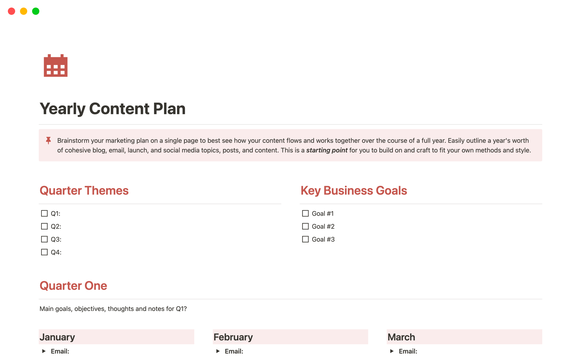 A template preview for Yearly Content Plan (Basic)