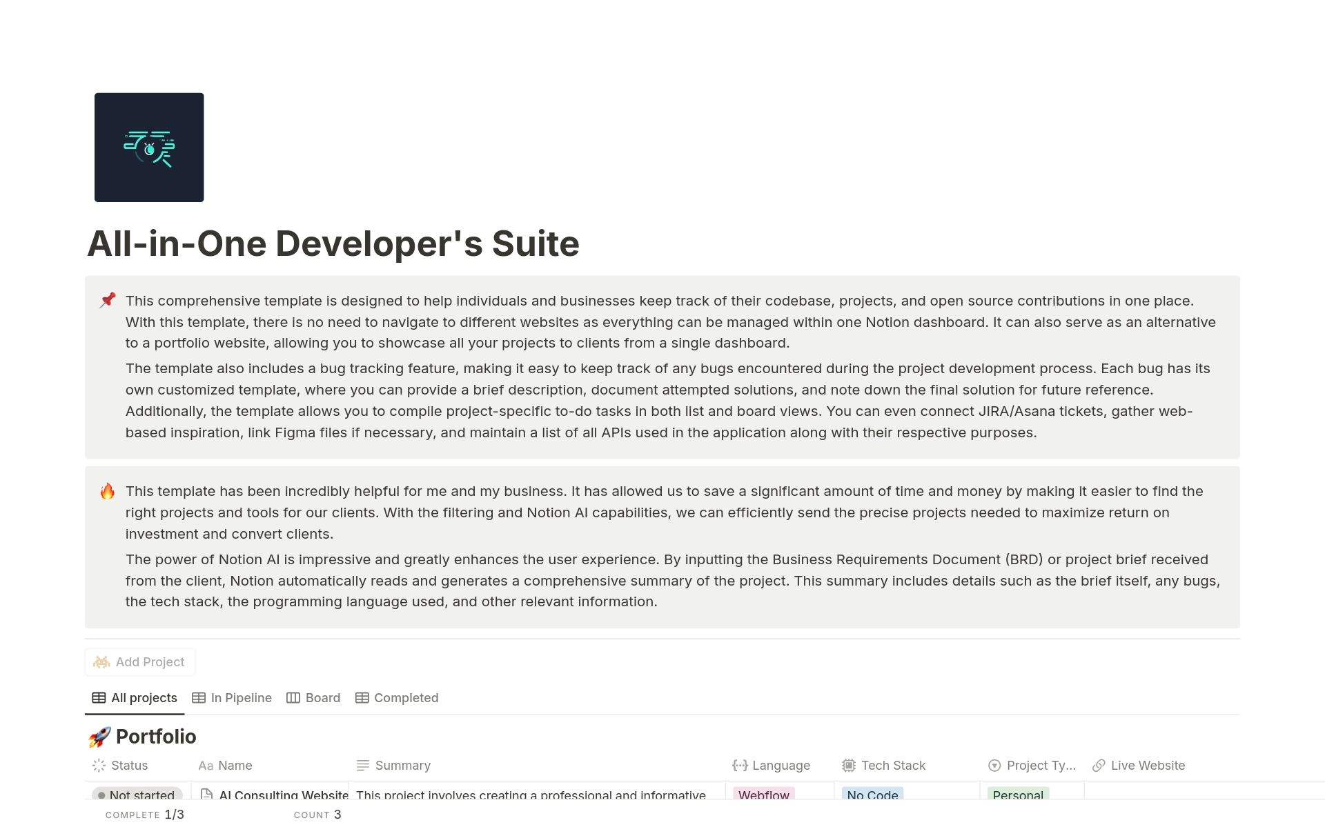 A template preview for All-in-One Developer's Suite