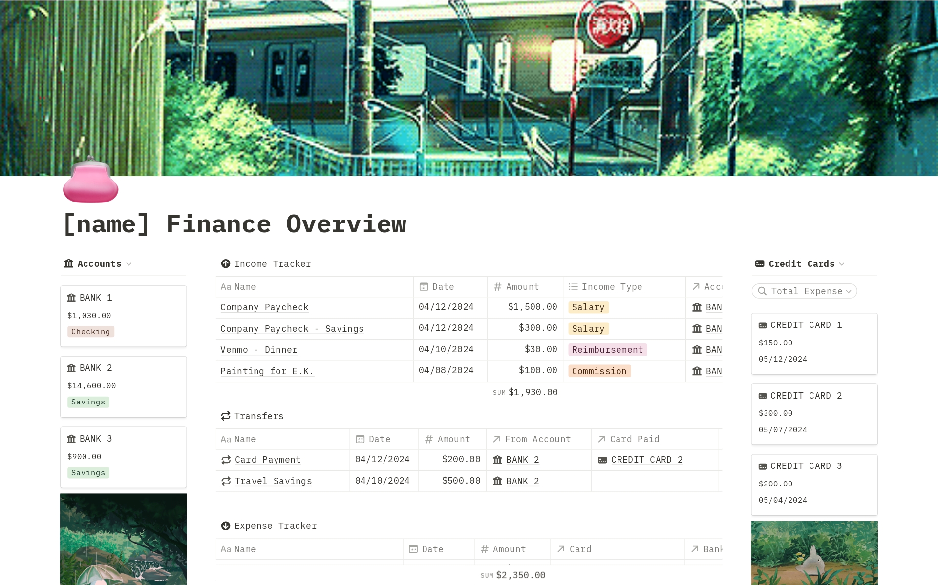 This 'Finance Overview' template gives you one place to view all your accounts, cards, subscriptions and monthly expenses. 