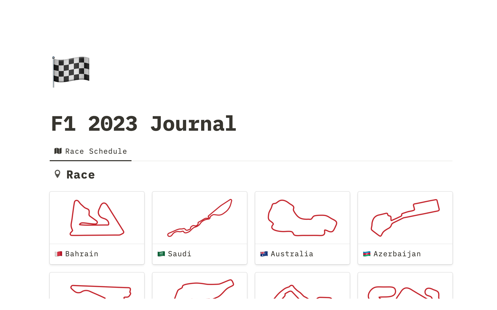 A template preview for F1 2023 Journal Notion Template