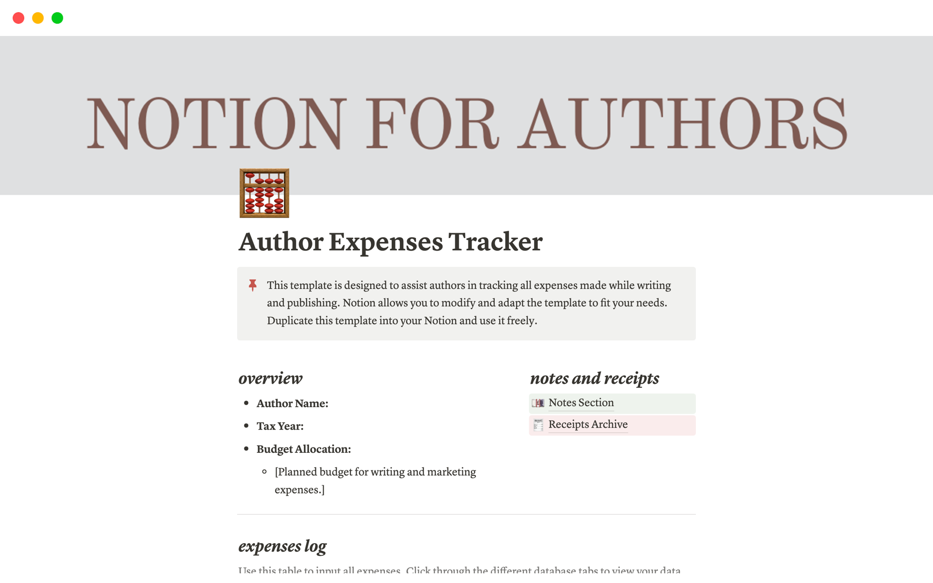A template preview for Author Expenses Tracker