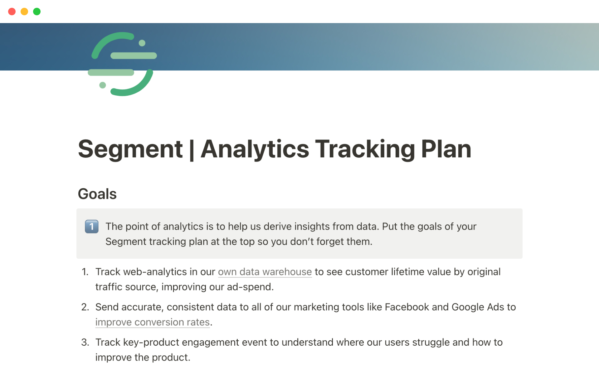 Define your Segment data tracking plan, including events, group calls, and more.