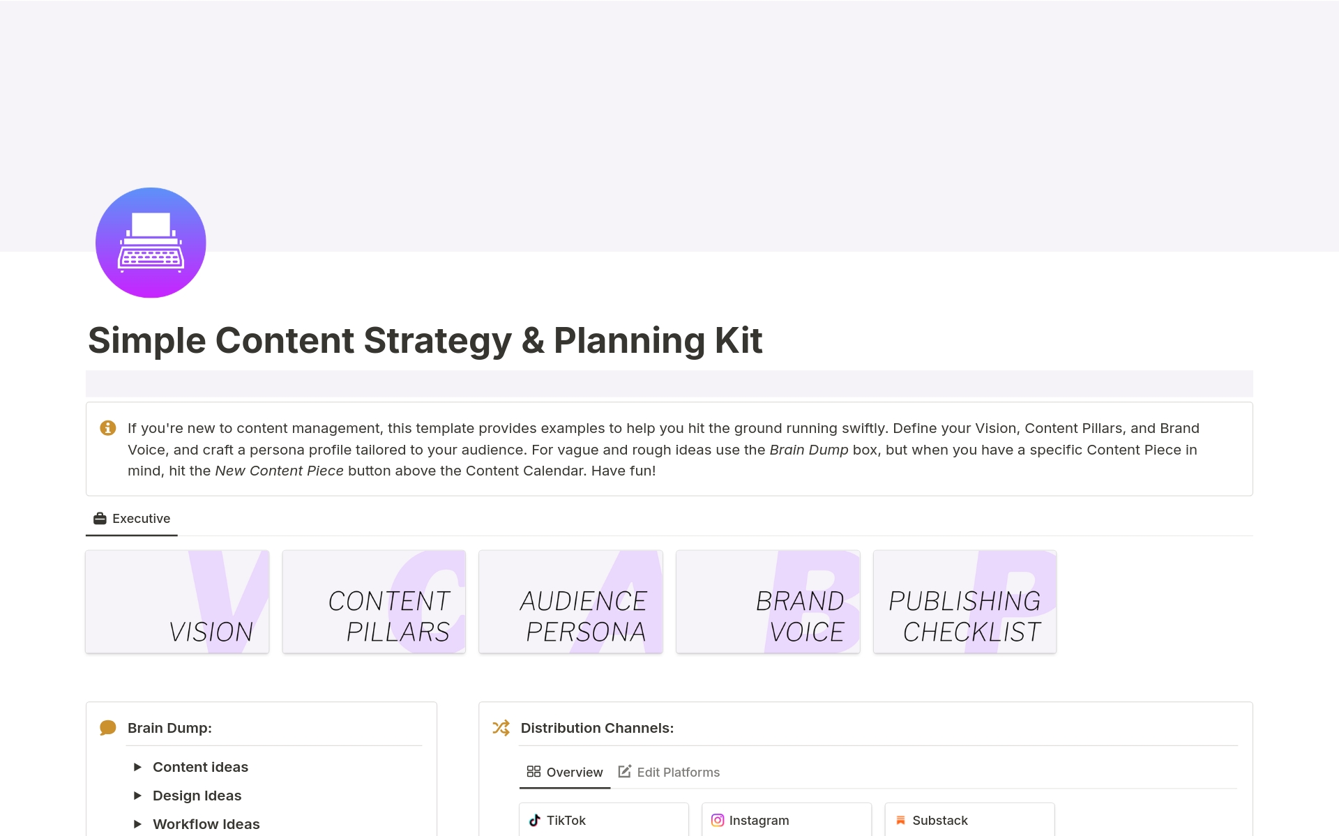 Uma prévia do modelo para Simple Content Strategy & Planning Kit