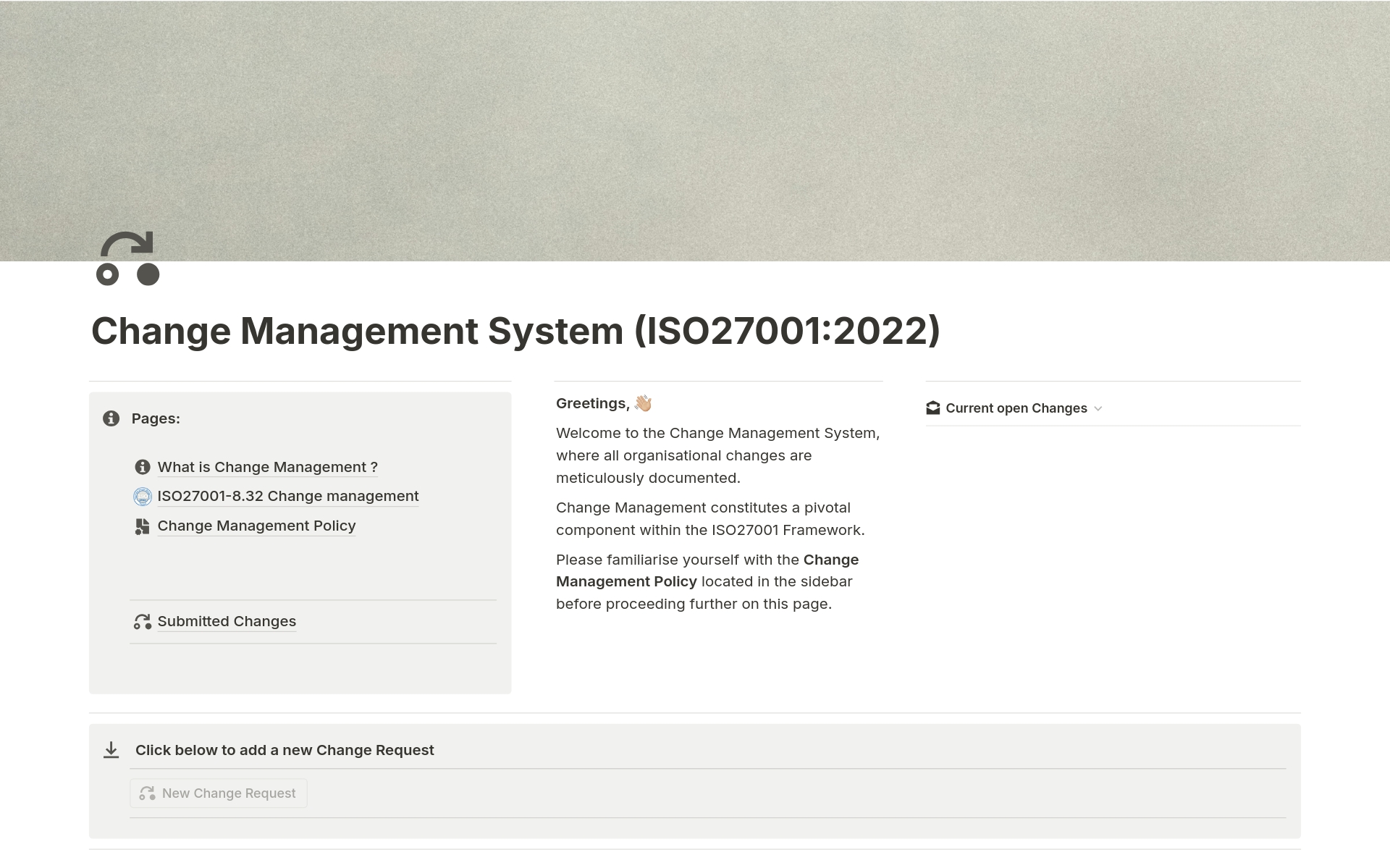 A template preview for Change Management System ISO 27001:2022