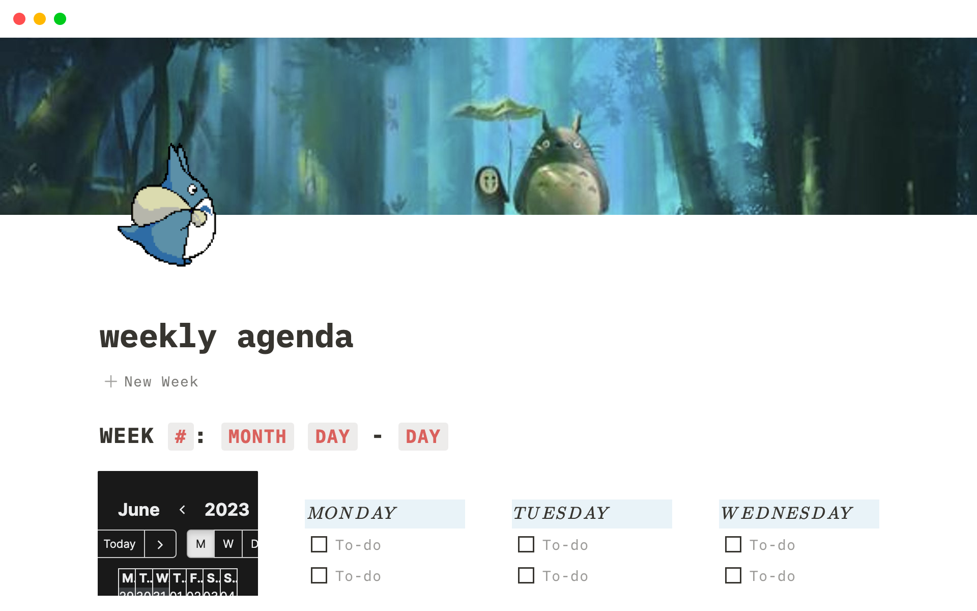 A template preview for Weekly Agenda