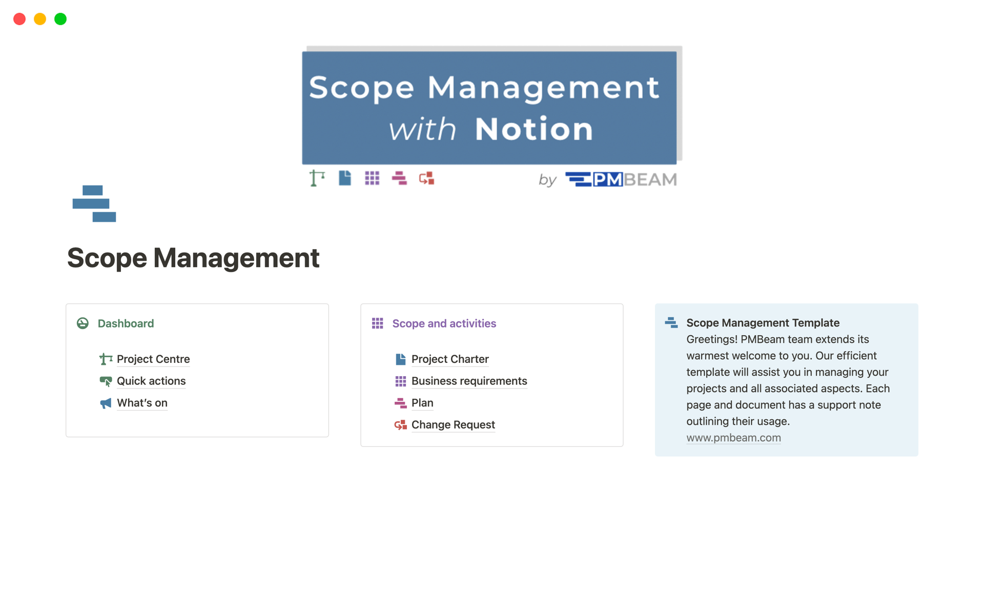A template preview for Scope Management