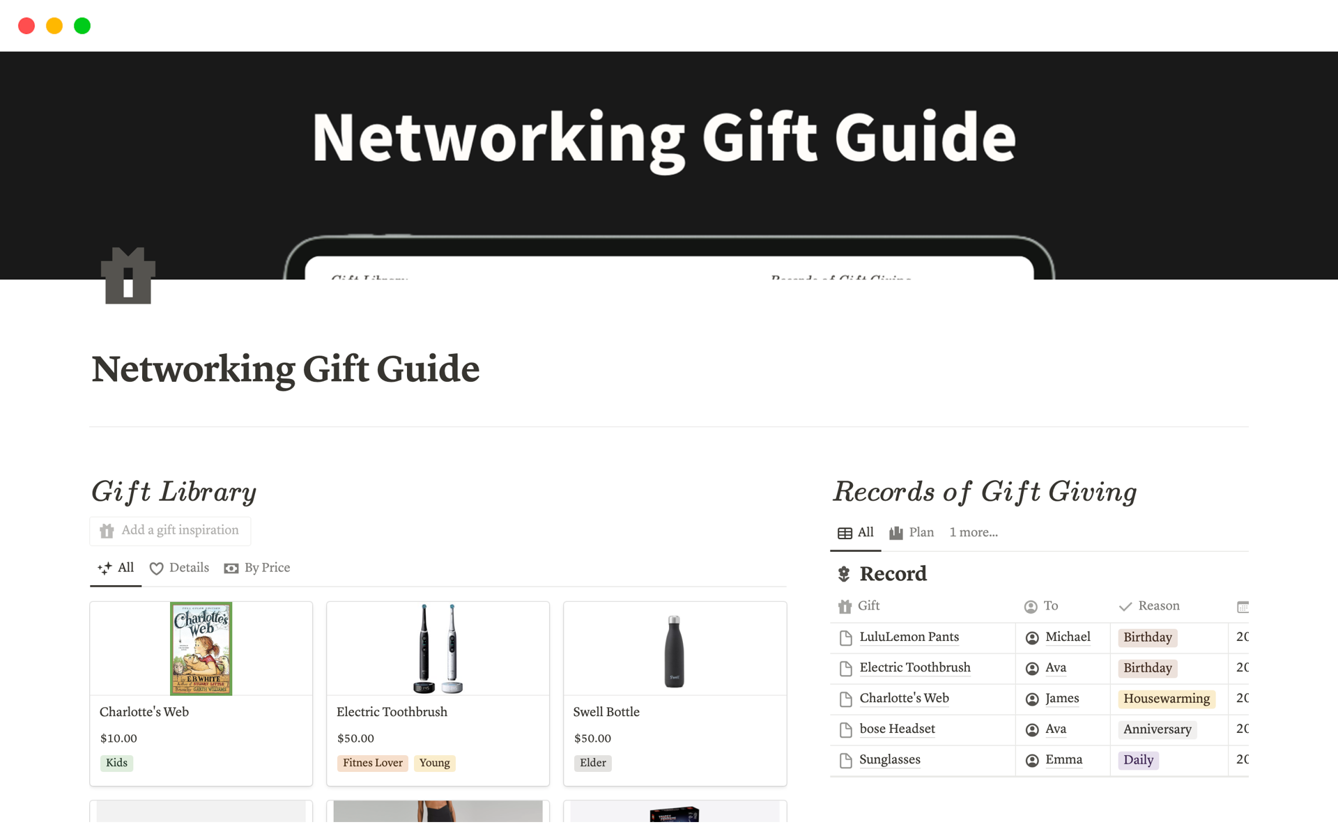 A template preview for Networking Gift Guide