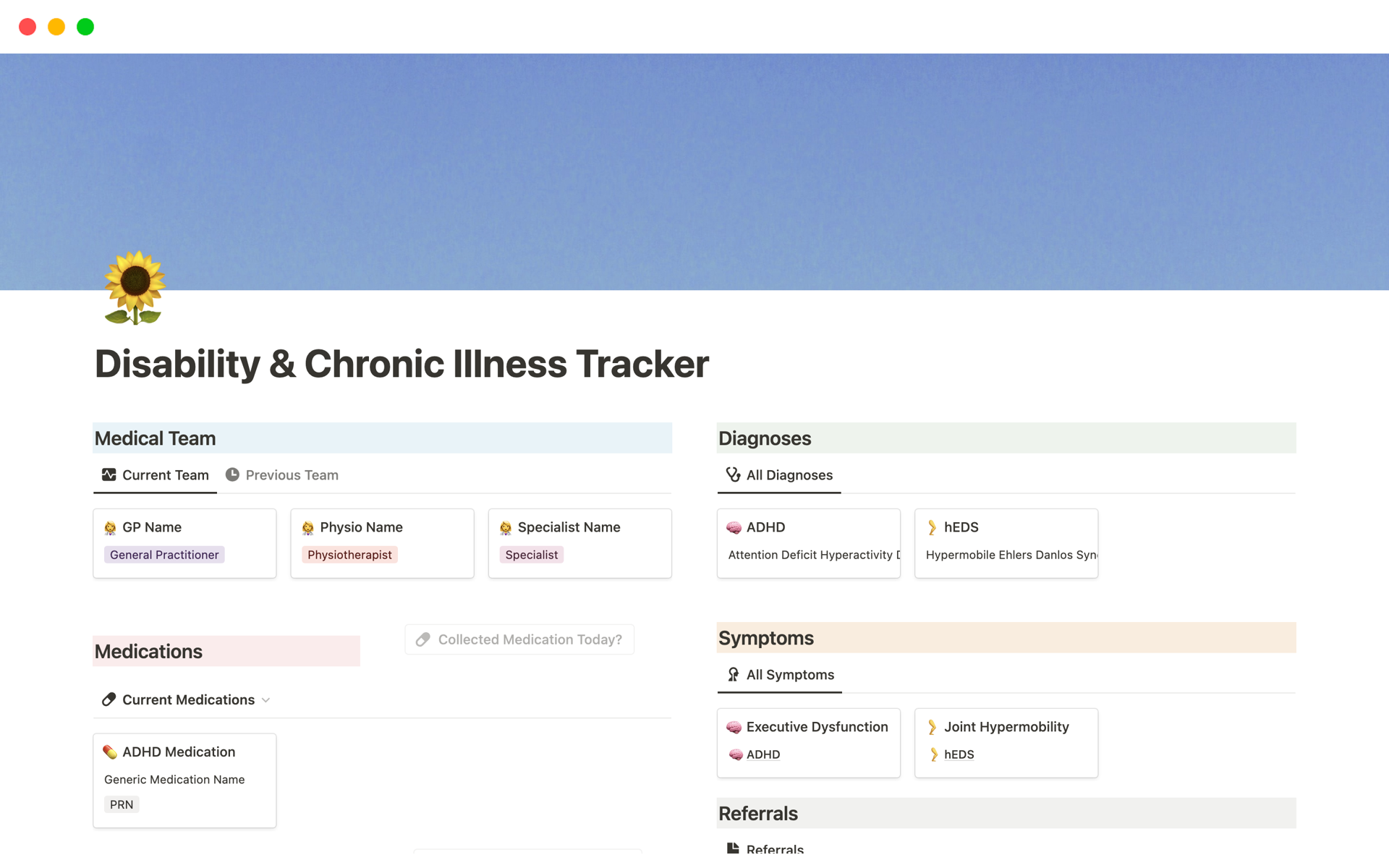 A template preview for Disability & Chronic Illness Tracker