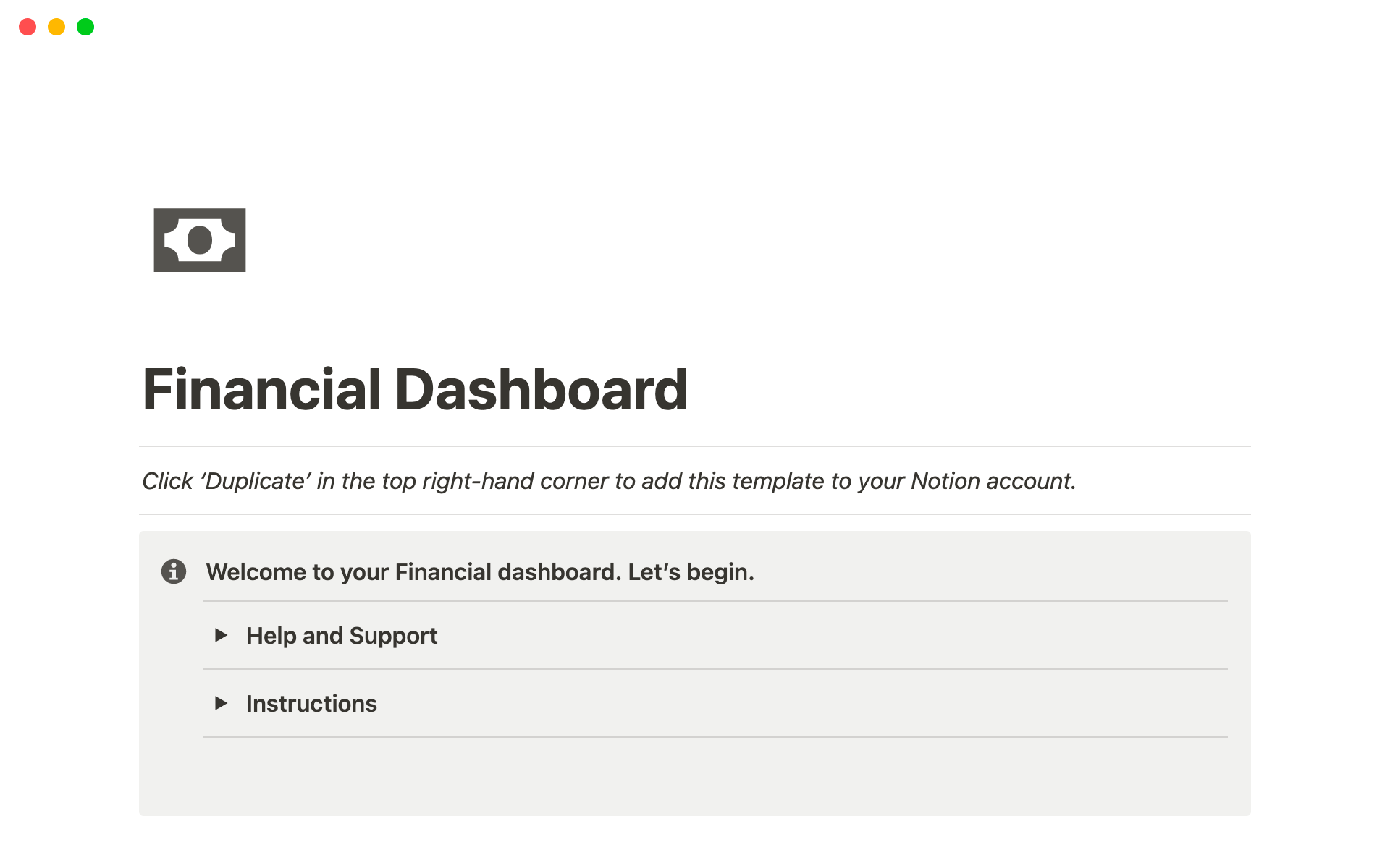 Uma prévia do modelo para Financial Dashboard