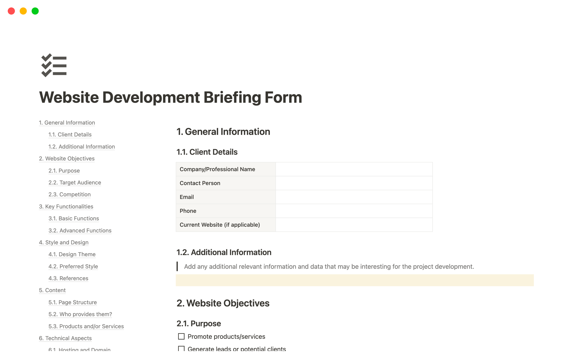 En forhåndsvisning av mal for Website Development Briefing Form
