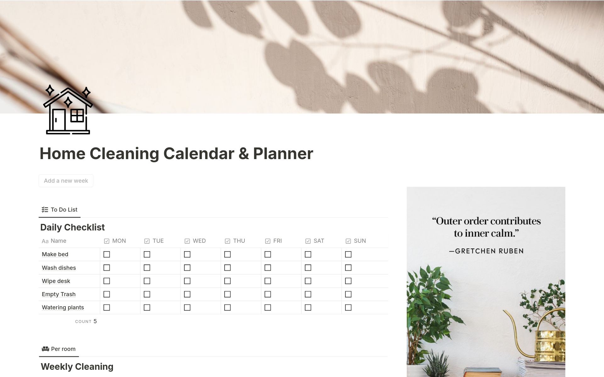 Vista previa de una plantilla para Home Cleaning Calendar & Planner