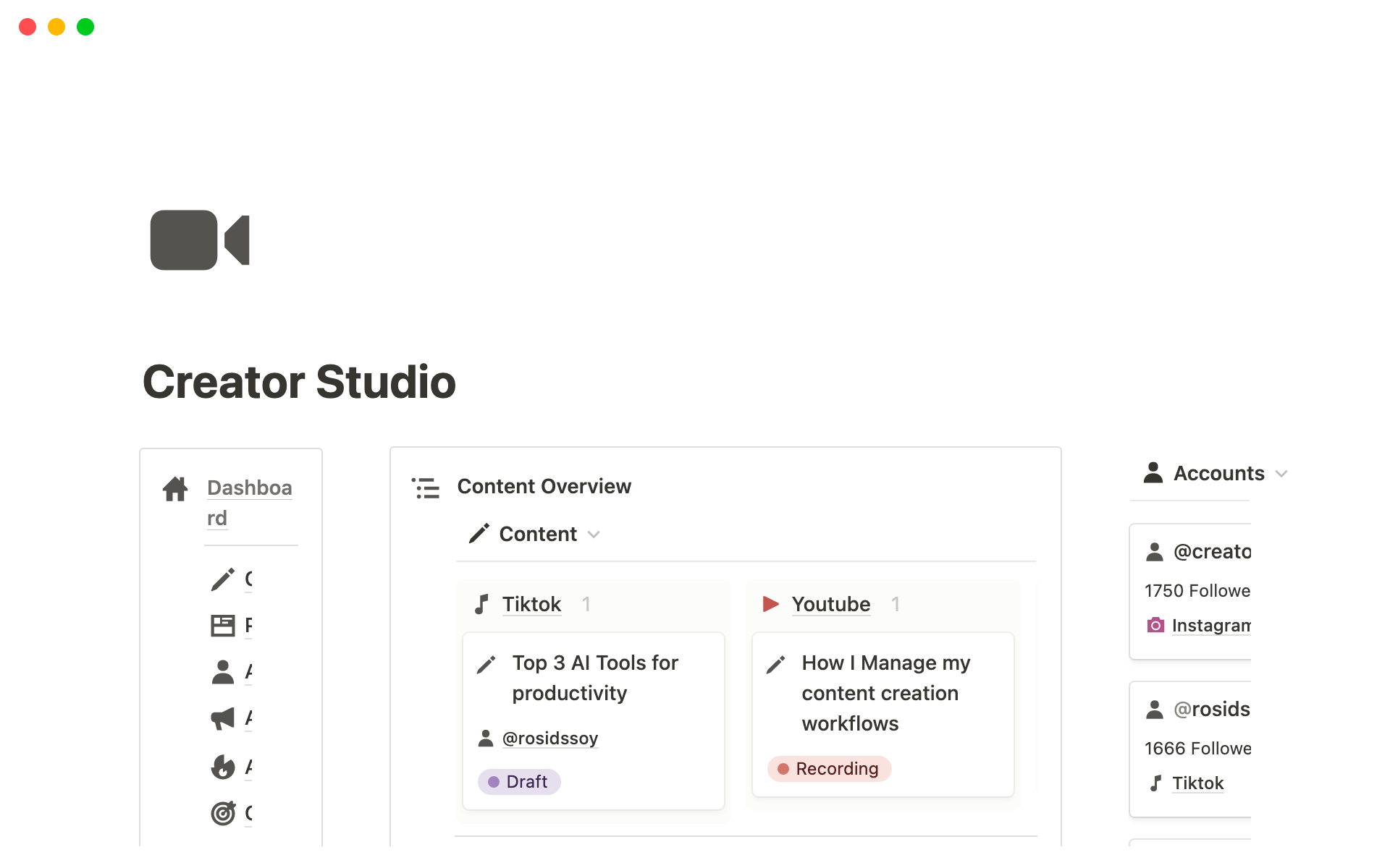 Vista previa de plantilla para Content Creator Studio