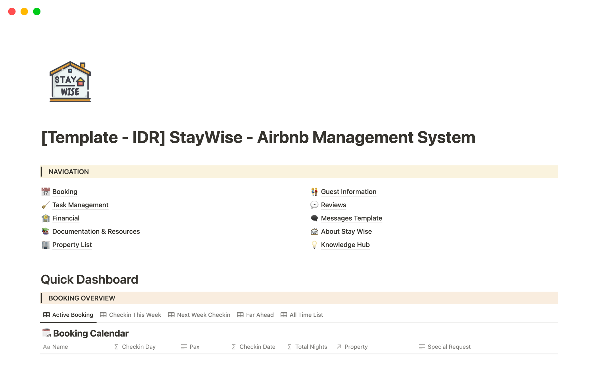 Elevate your Airbnb hosting experience with the "Stay Wise" Notion template. Designed to enhance your efficiency and organization, this comprehensive template equips you with the tools you need to excel in managing your Airbnb properties.