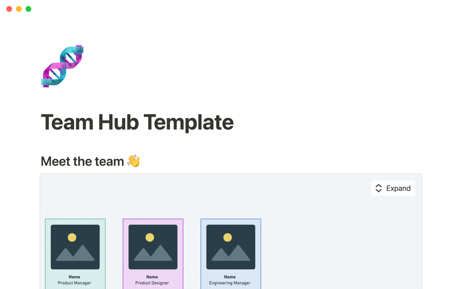 A template preview for Whimsical's team hub