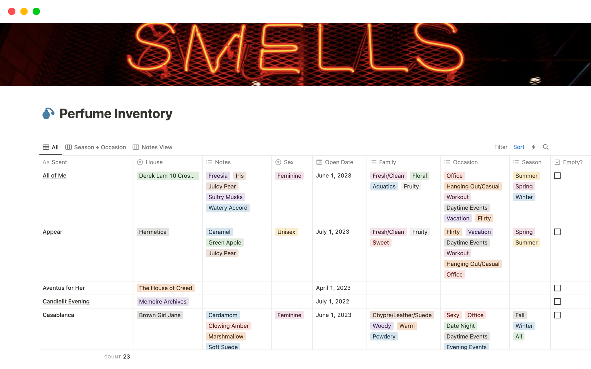 A template preview for Perfume Inventory