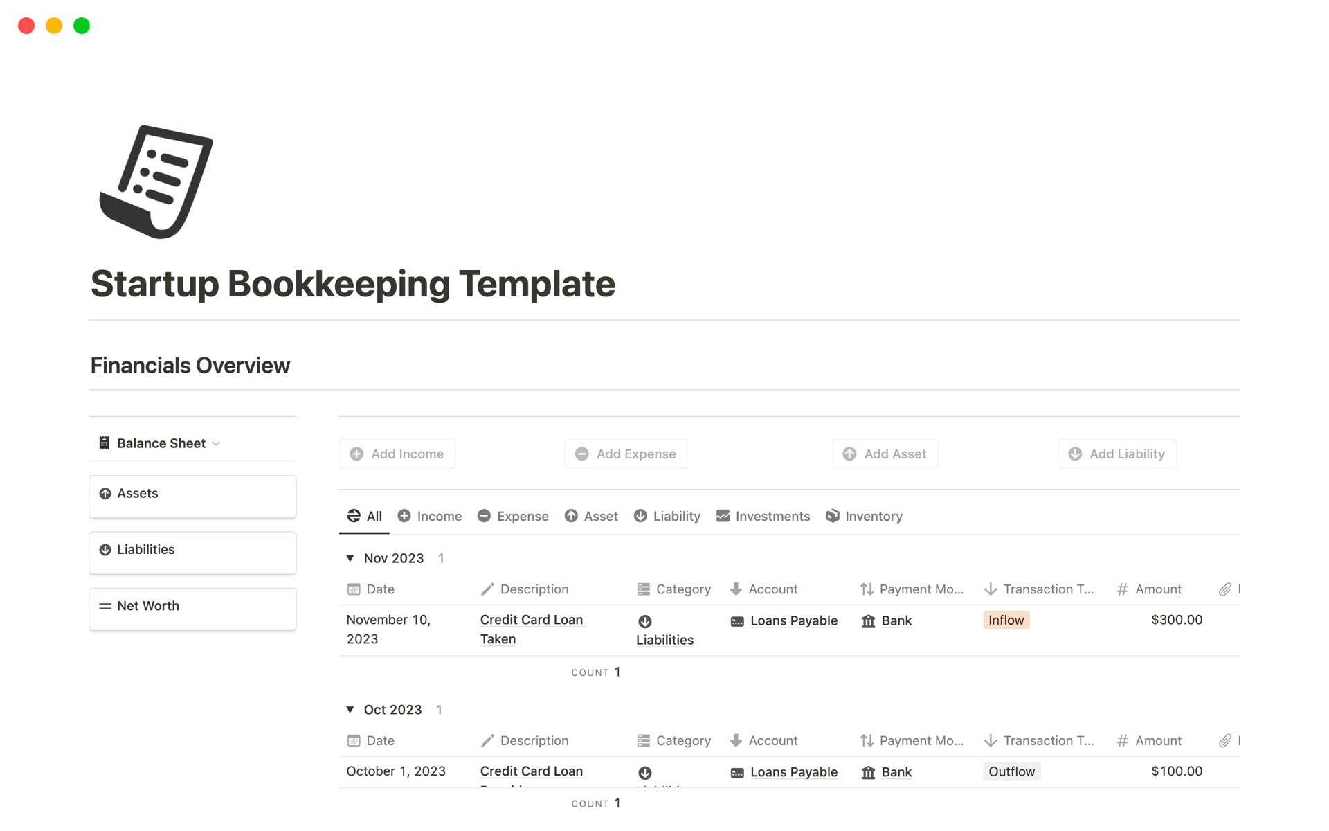 A template preview for Startup Bookkeeping
