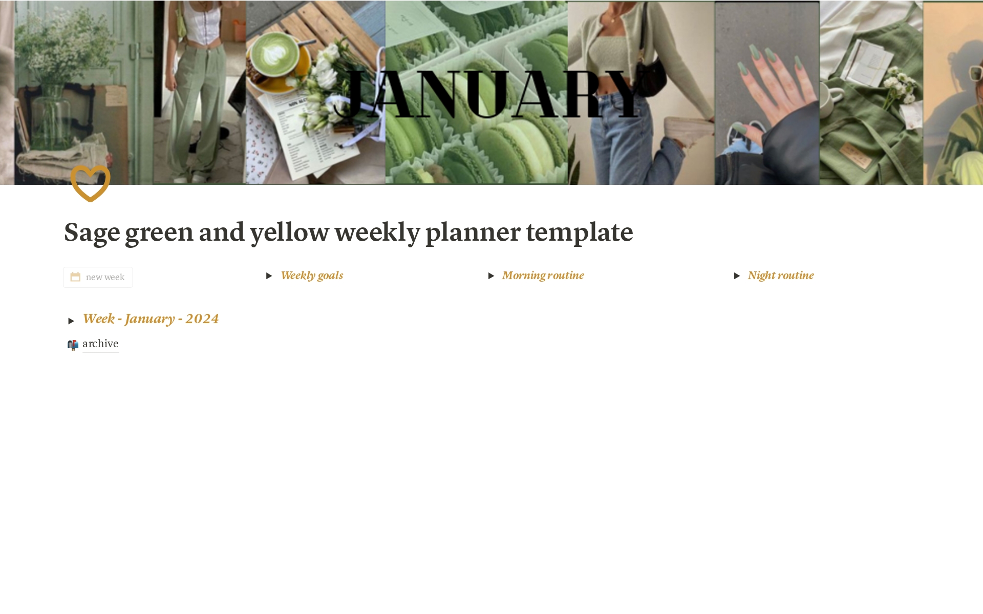 A template preview for Sage green and yellow weekly planner
