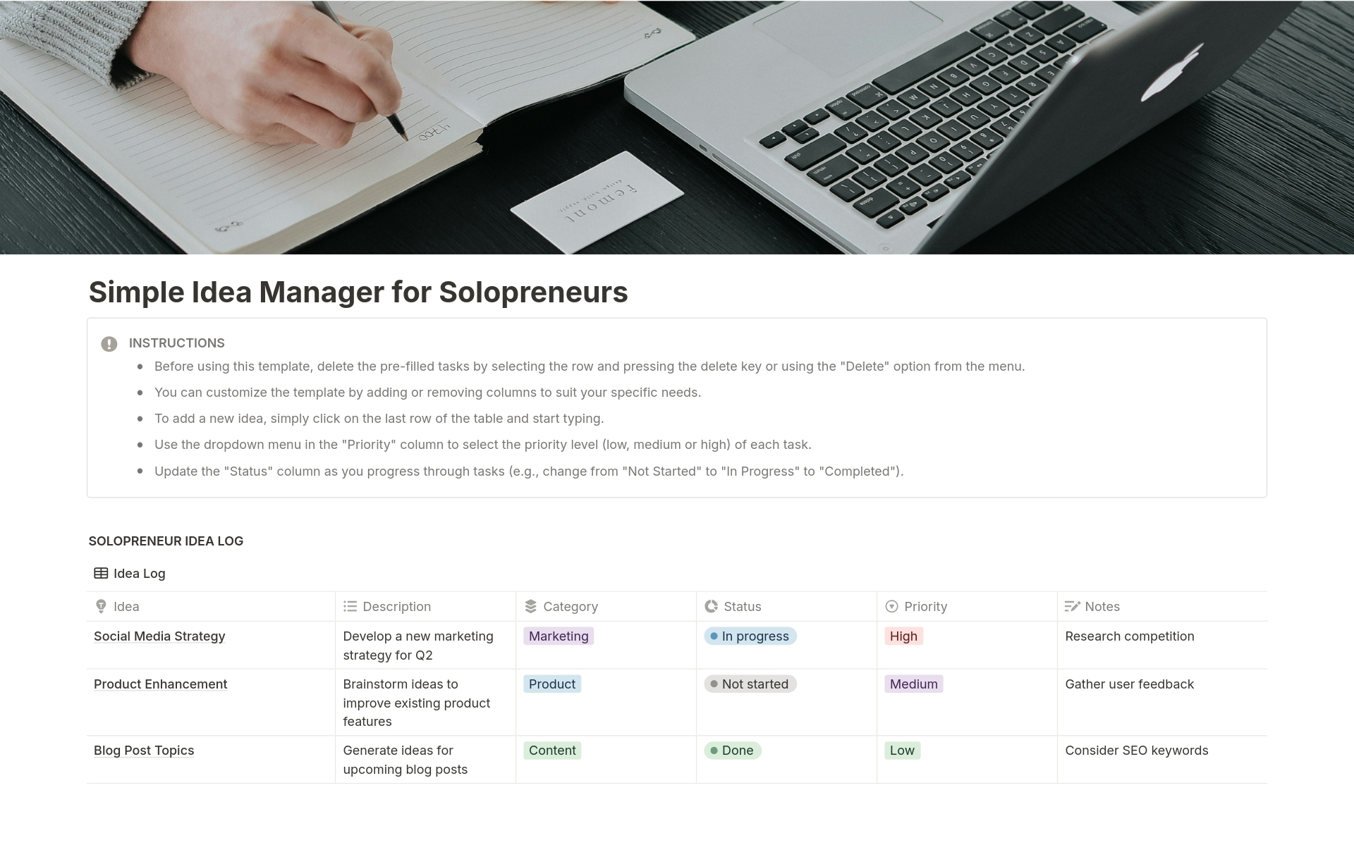 A template preview for Simple Idea Manager for Solopreneurs