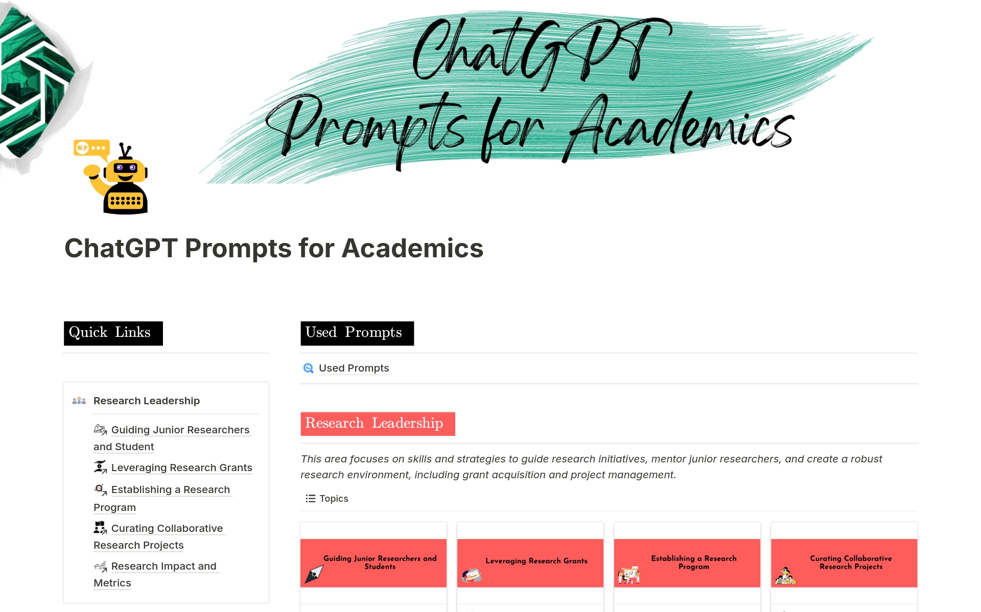 En förhandsgranskning av mallen för ChatGPT Prompts for Academics