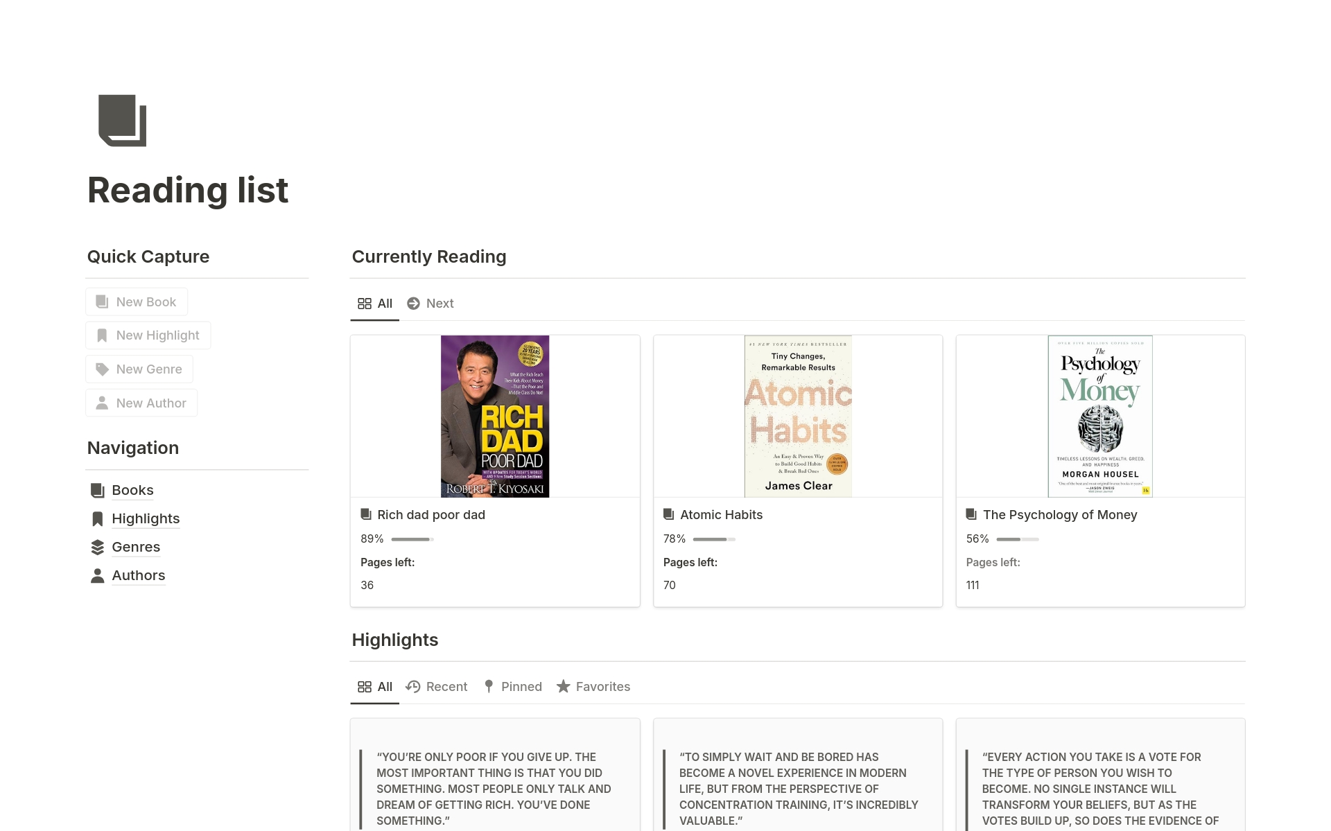 Improve your reading habit with the Notion Reading list.
