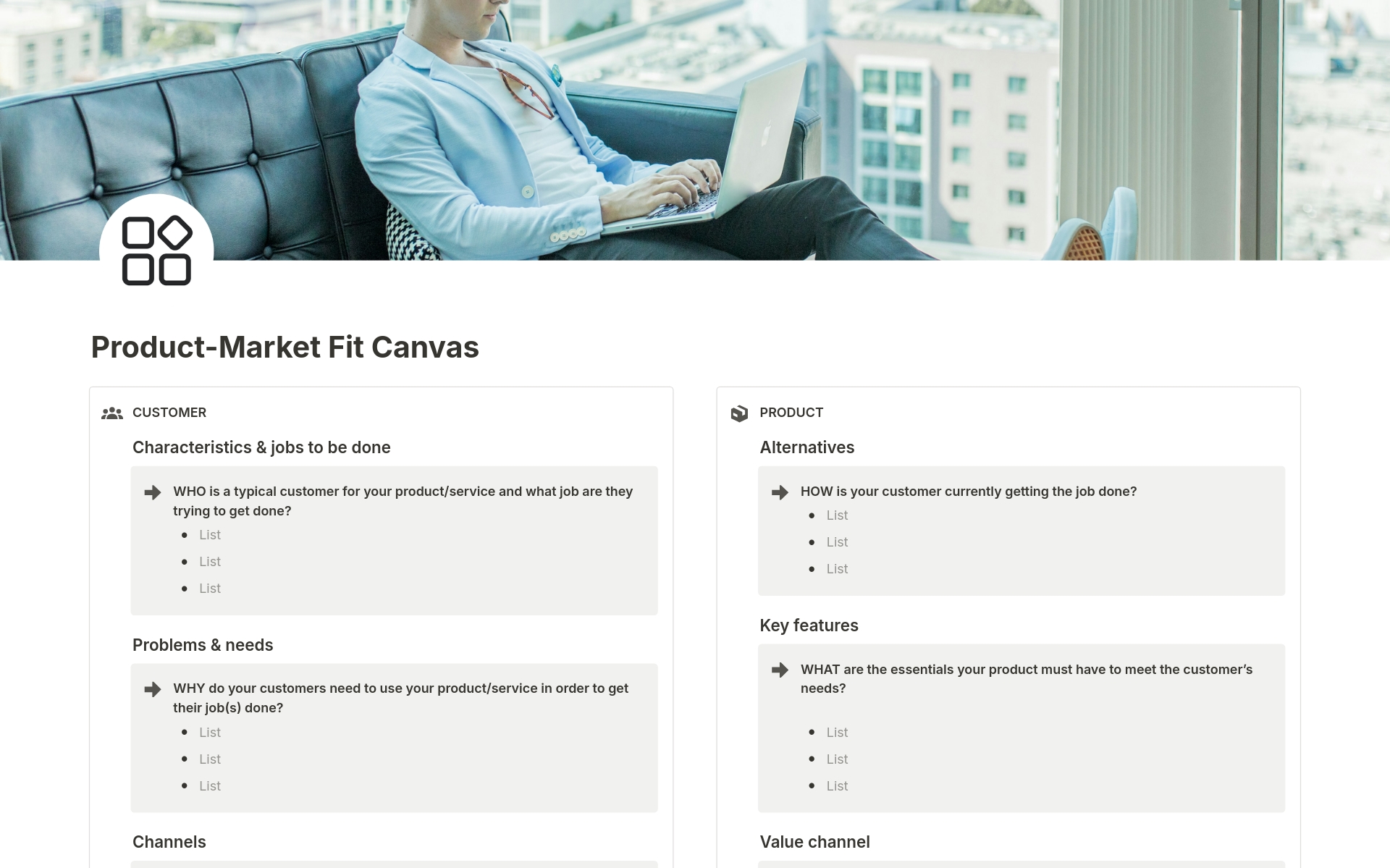 A template preview for Product MarketFit Canvas 