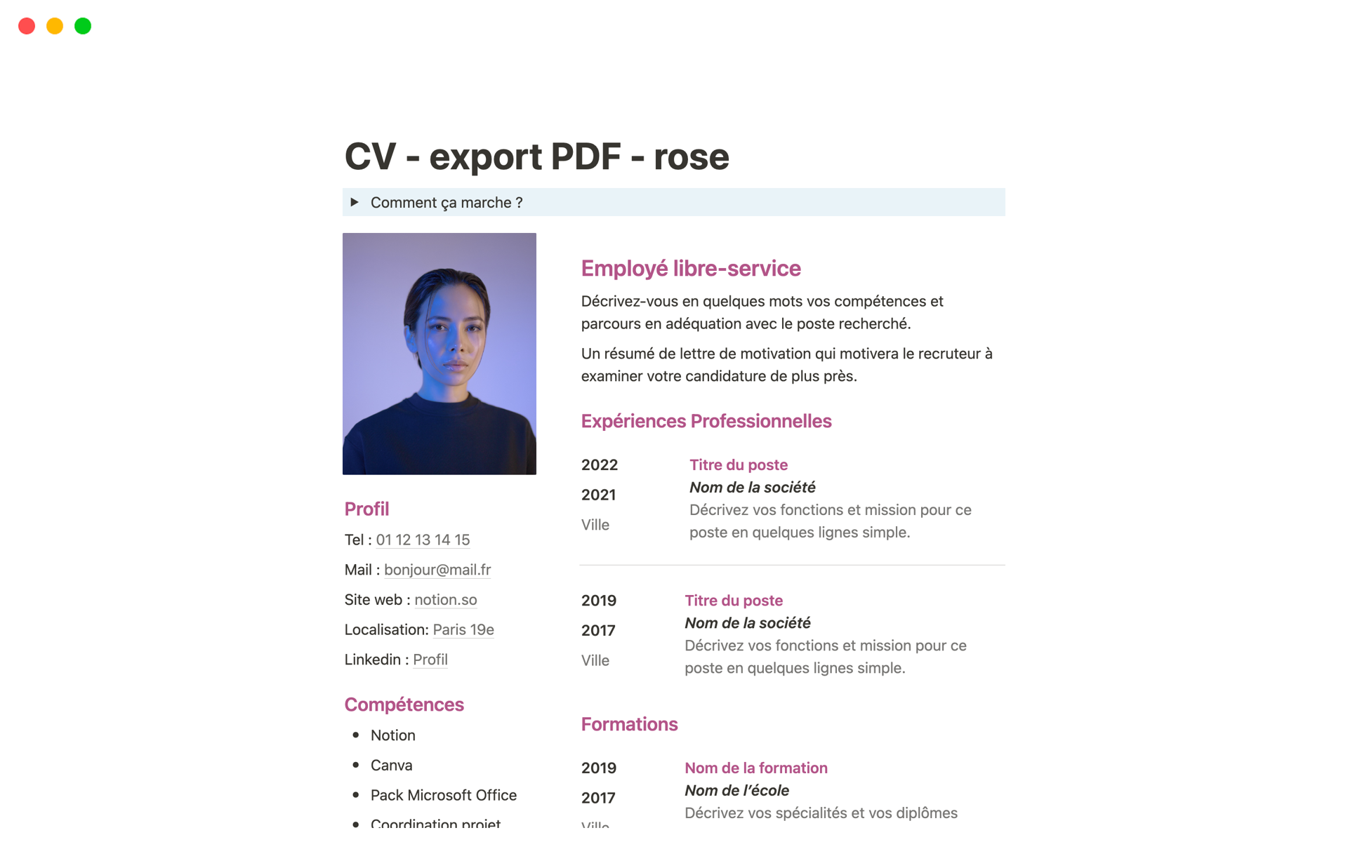 A template preview for CV simple pour export PDF - rose
