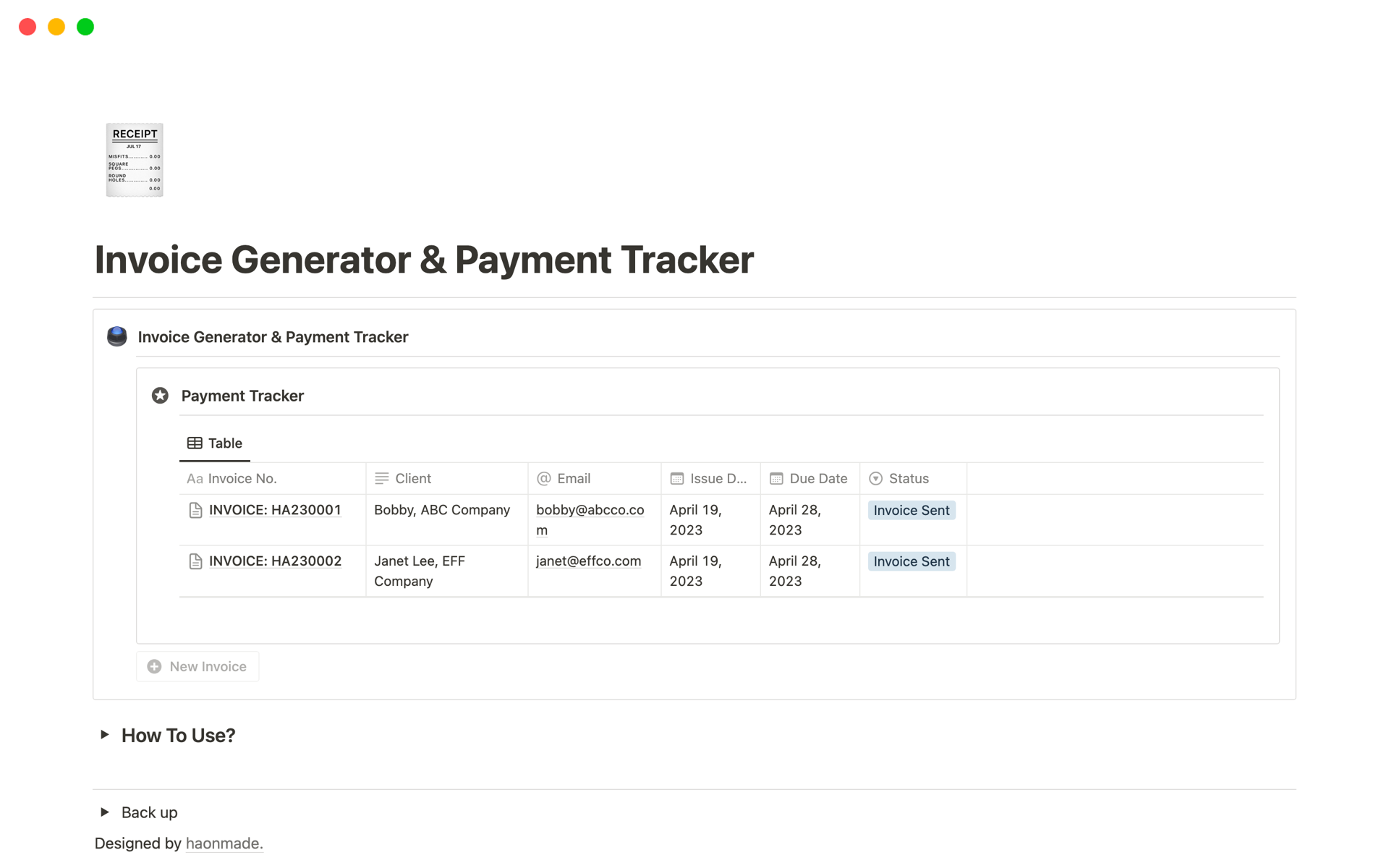 Uma prévia do modelo para Invoice Generator & Payment Tracker