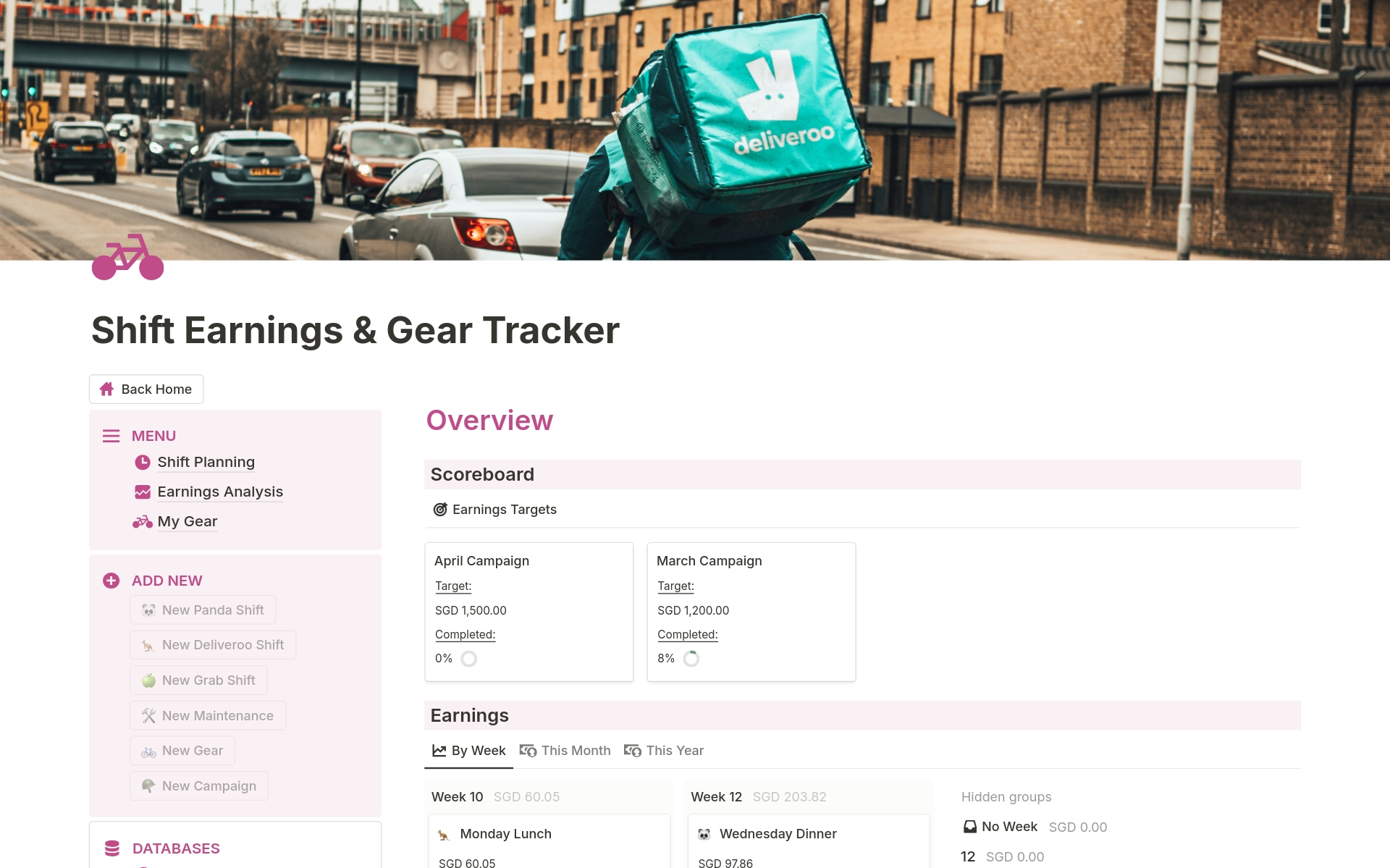 A template preview for Food Delivery Earnings & Gear Tracker