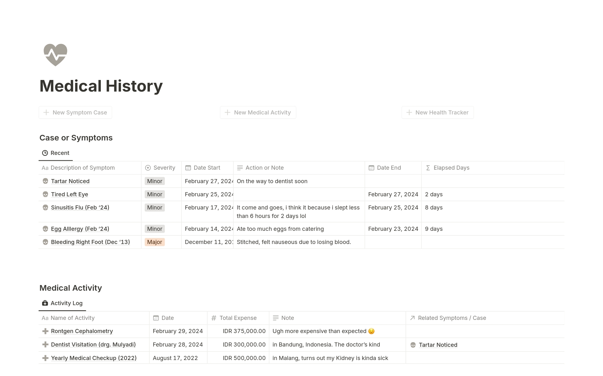 Manage your health effectively with our Notion medical record template. Track symptoms by severity, plan next steps, and schedule medical activities. Monitor vital signs like height, weight, and blood pressure. Stay proactive about your well-being!