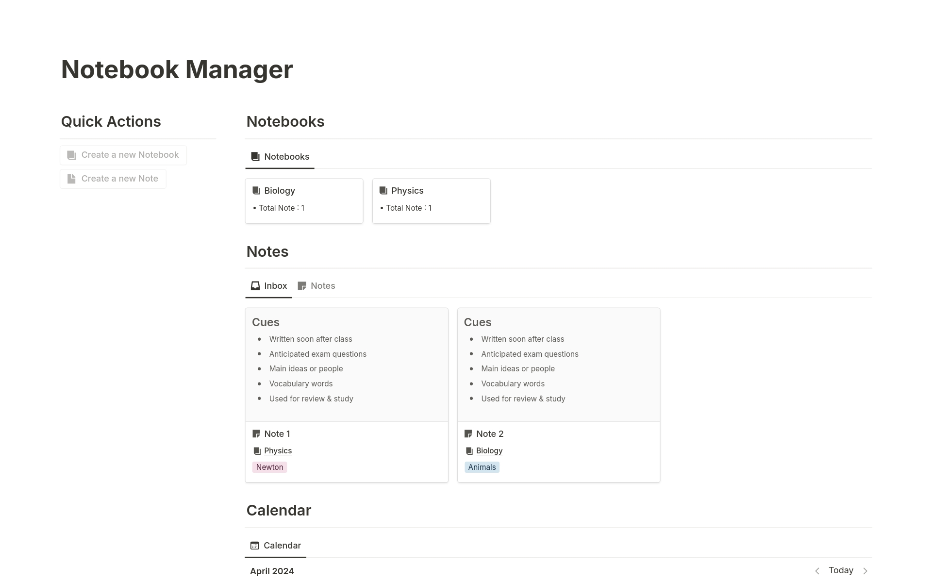 A template preview for Notebook Manager