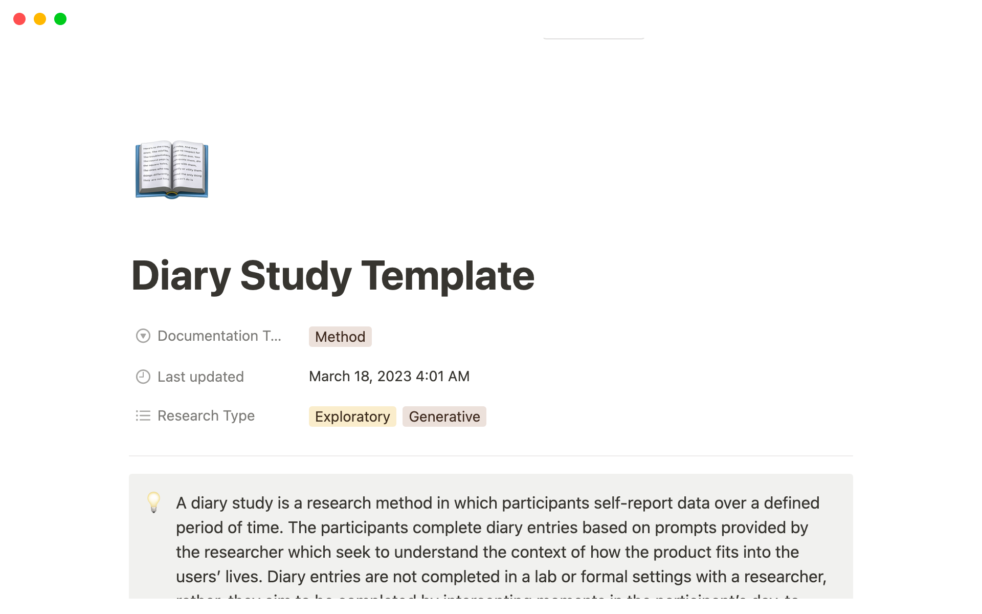 Diary Study Templateのテンプレートのプレビュー