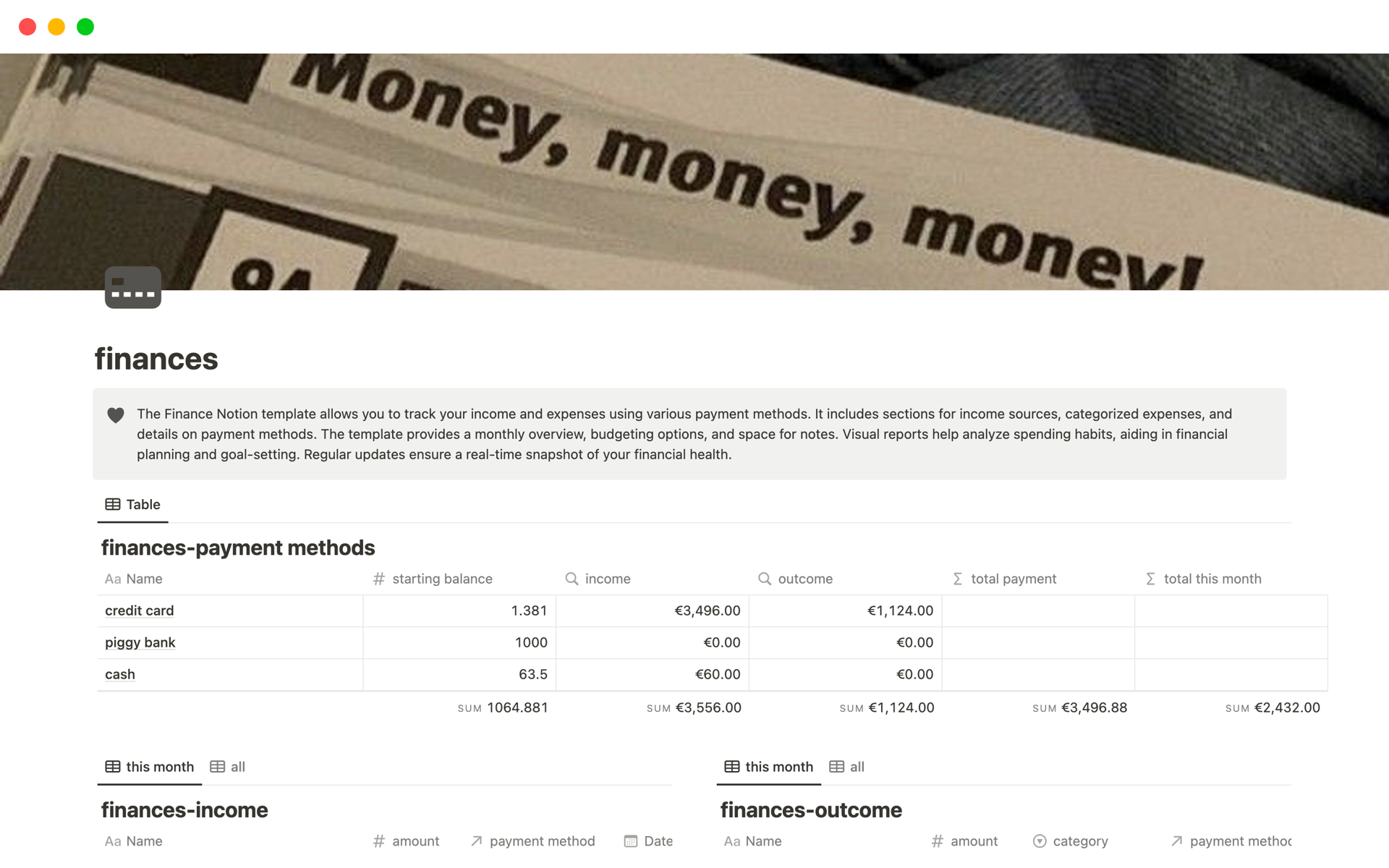 Vista previa de una plantilla para finances 