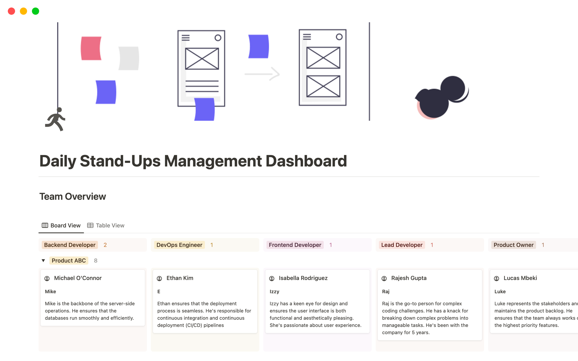 Elevate your team's daily standups with this Notion template! Dive into multiple pages for detailed organization, get a snapshot with the team and calendar overviews, link tasks within each standup, and stay proactive with a dedicated blockers dashboard.