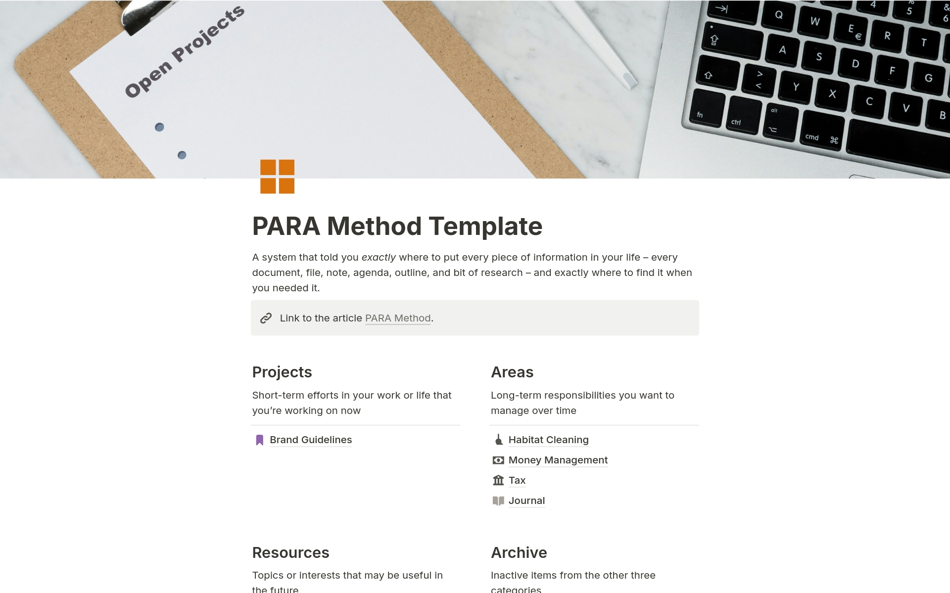 A template preview for PARA Method