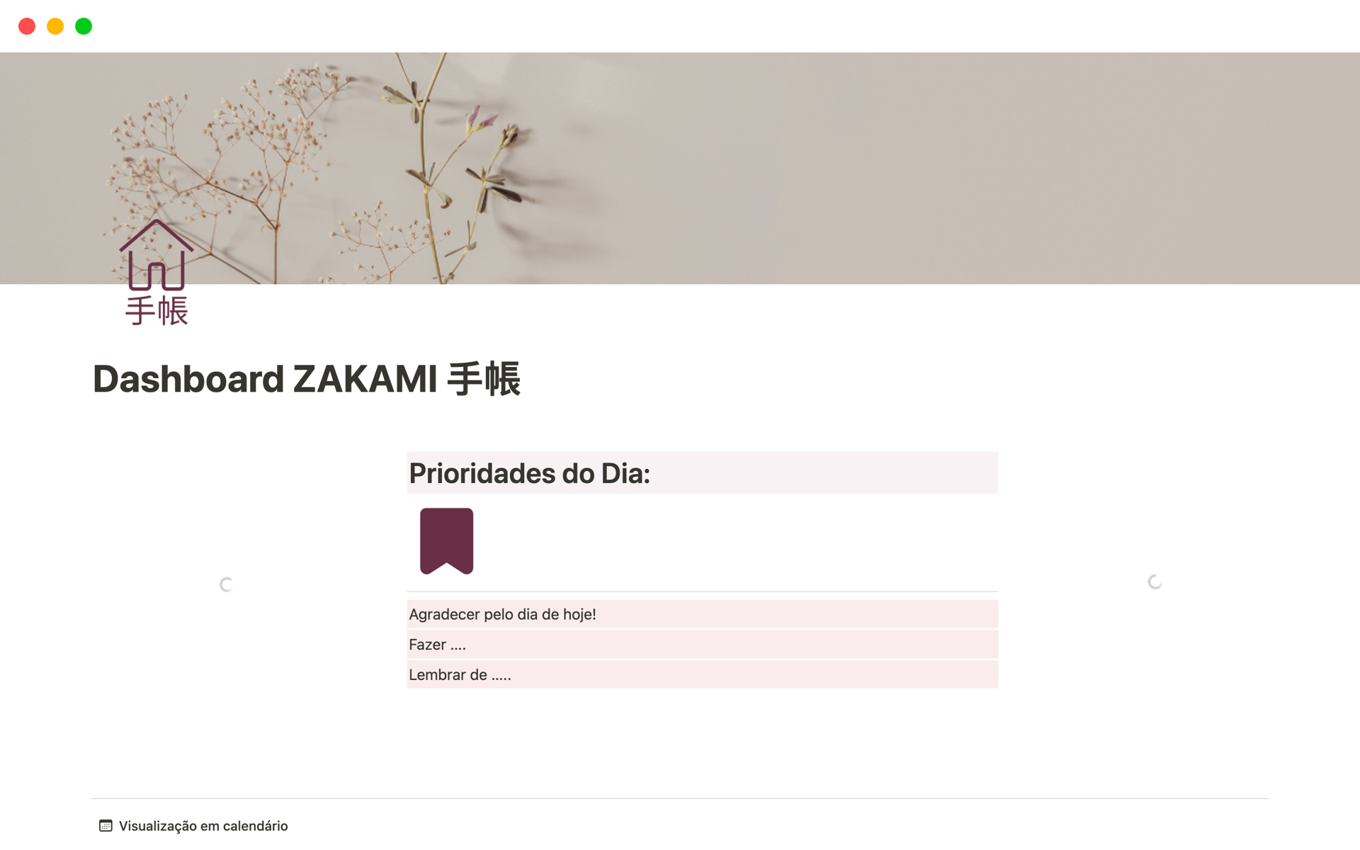 Uma prévia do modelo para Dashboard ZAKAMI 手帳 