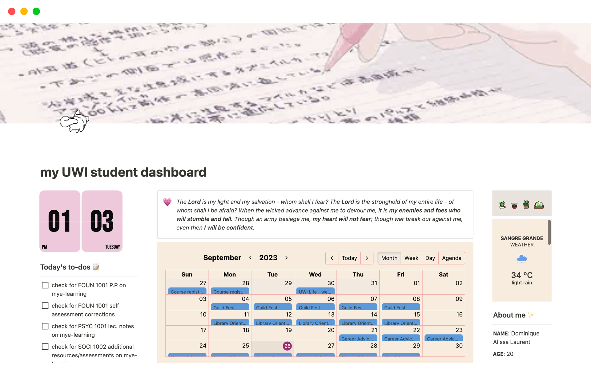 A template preview for my UWI student dashboard 