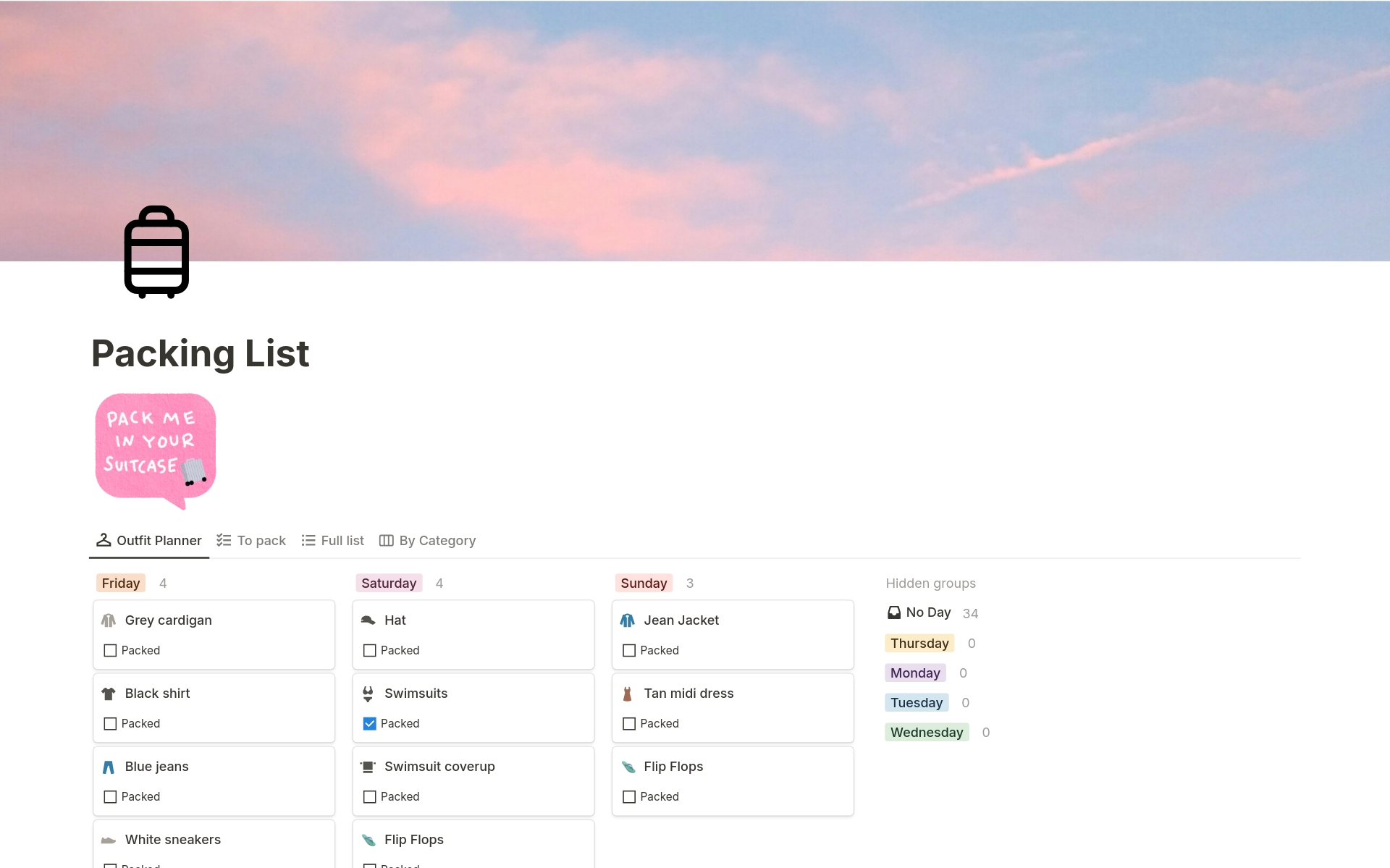 A template preview for Packing List & Outfit Planner