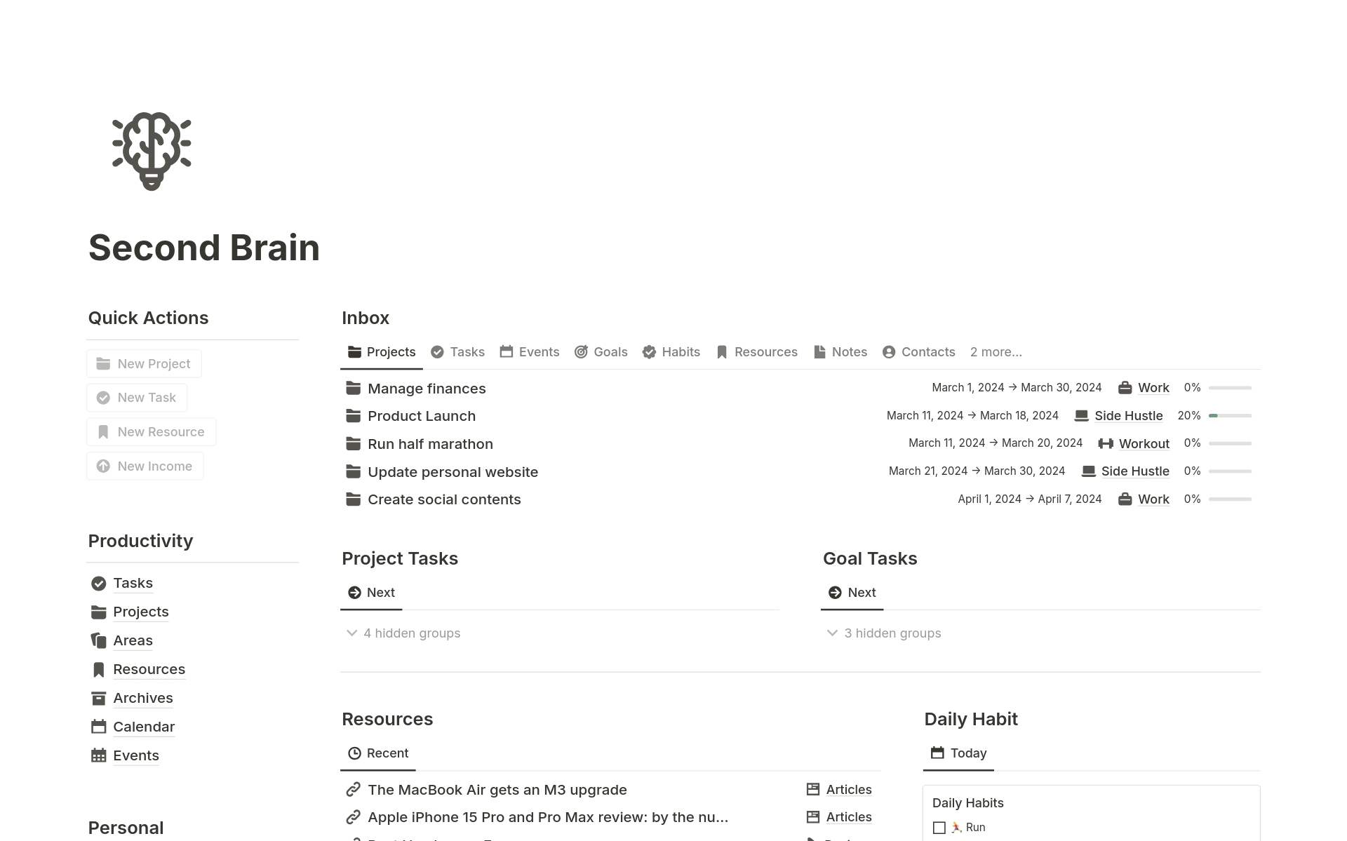 A template preview for Second Brain Life OS