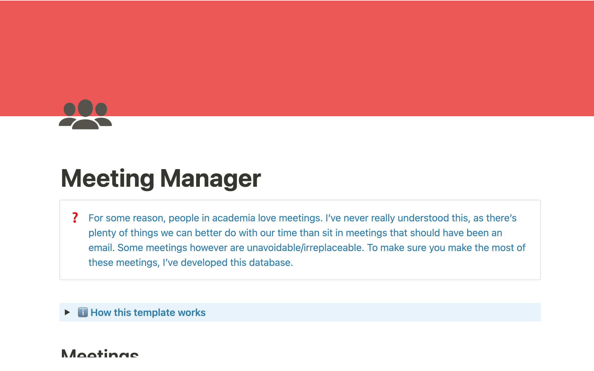 A template preview for Meeting Manager