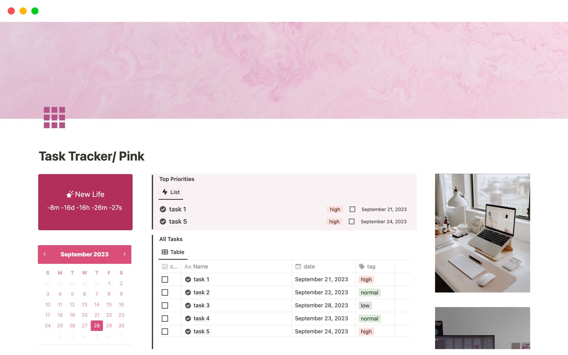 Vista previa de una plantilla para Task Tracker/ Pink