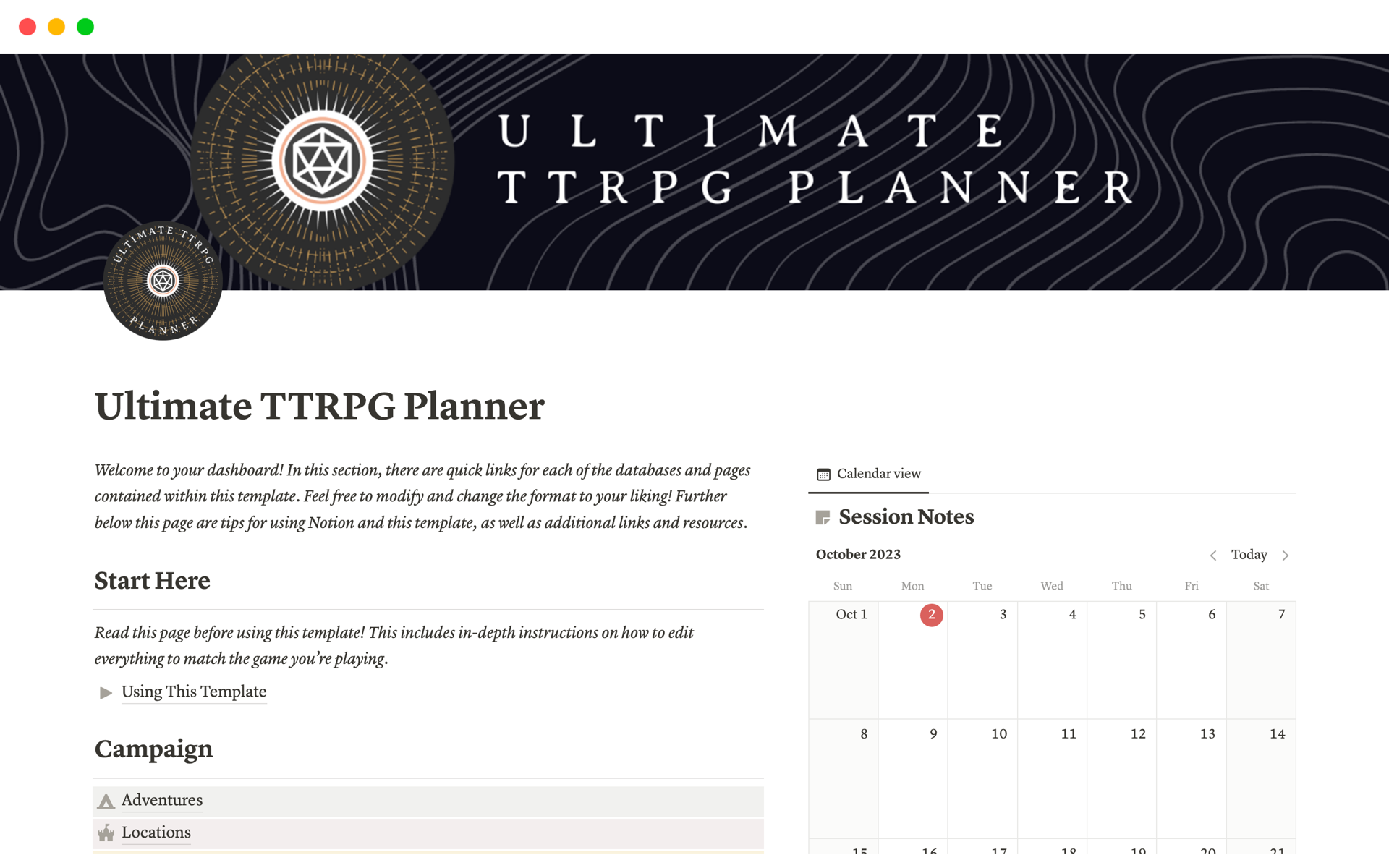 A template preview for Ultimate TTRPG Planner