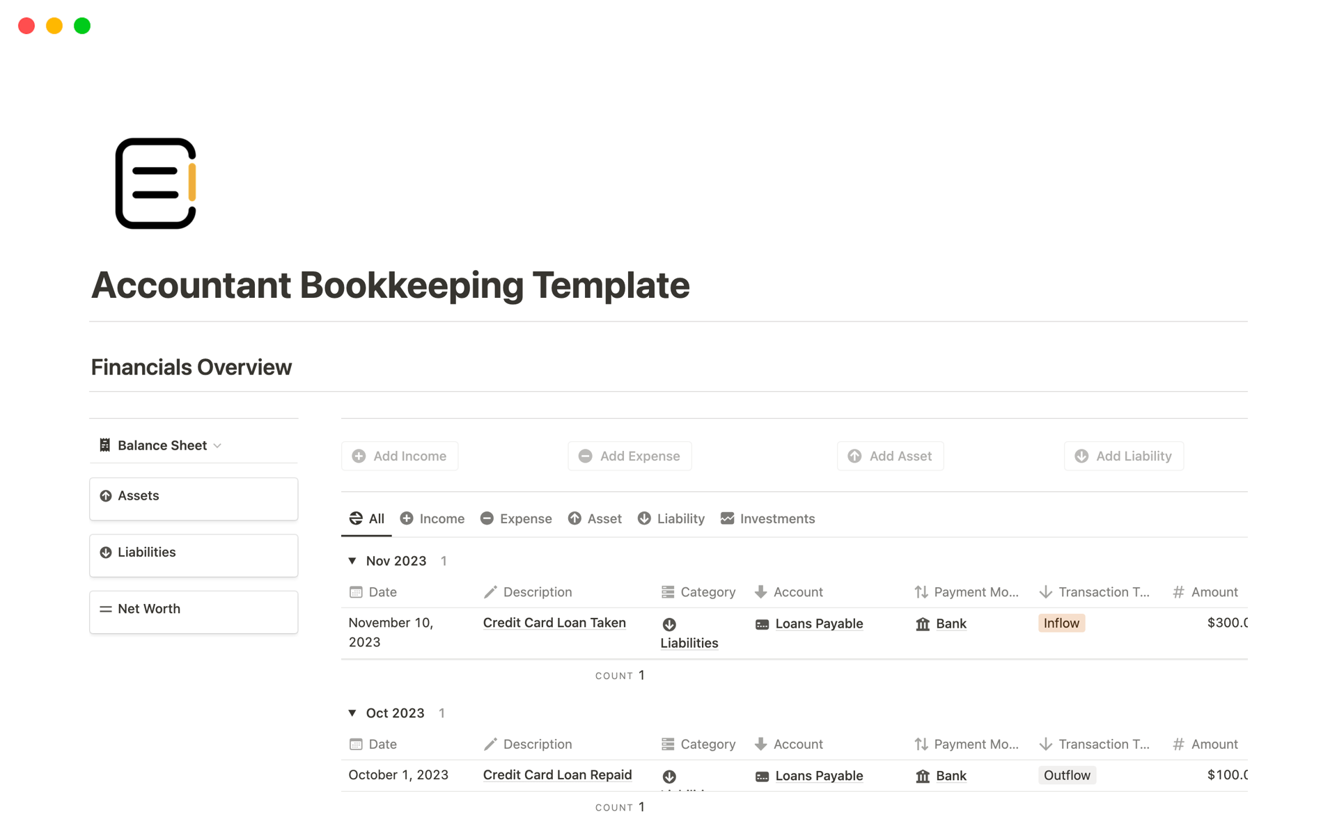 A template preview for Accountant Bookkeeping