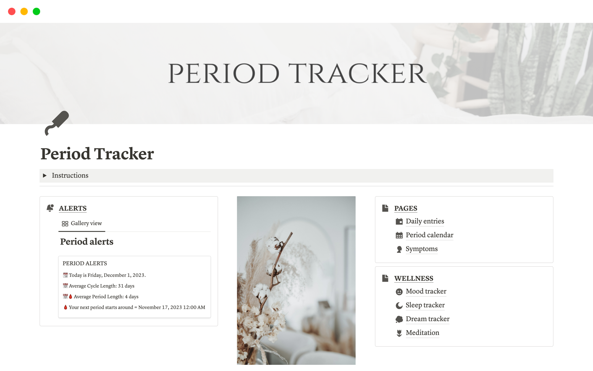 A template preview for Period Tracker