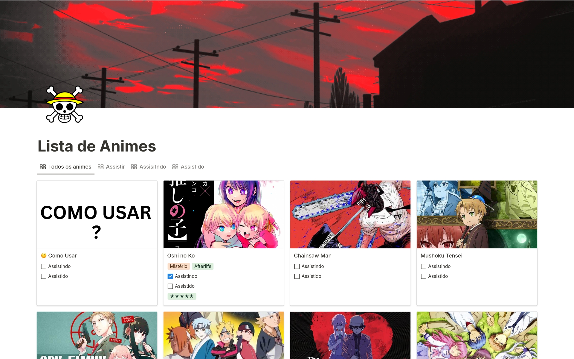 A template preview for Lista de Animes