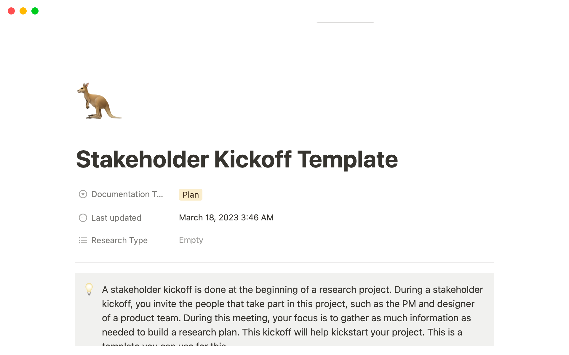 A template preview for Stakeholder Kickoff Template
