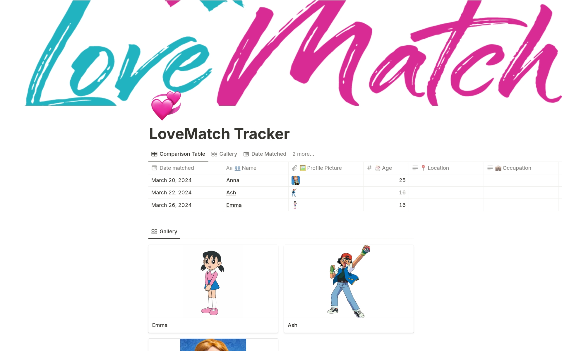 A template preview for LoveMatch Tracker
