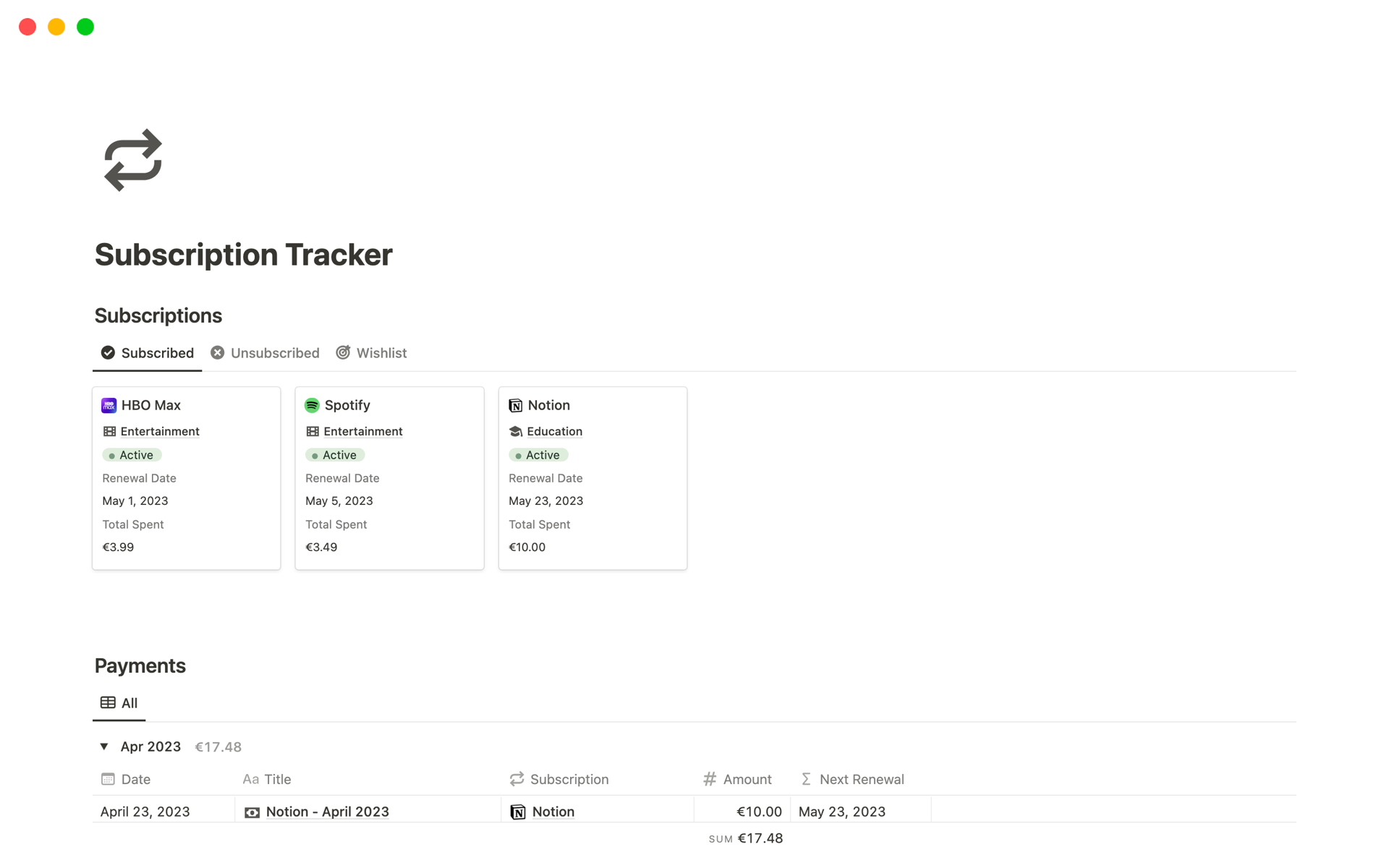 Subscription Tracker by Notion Blueprints Notion Template