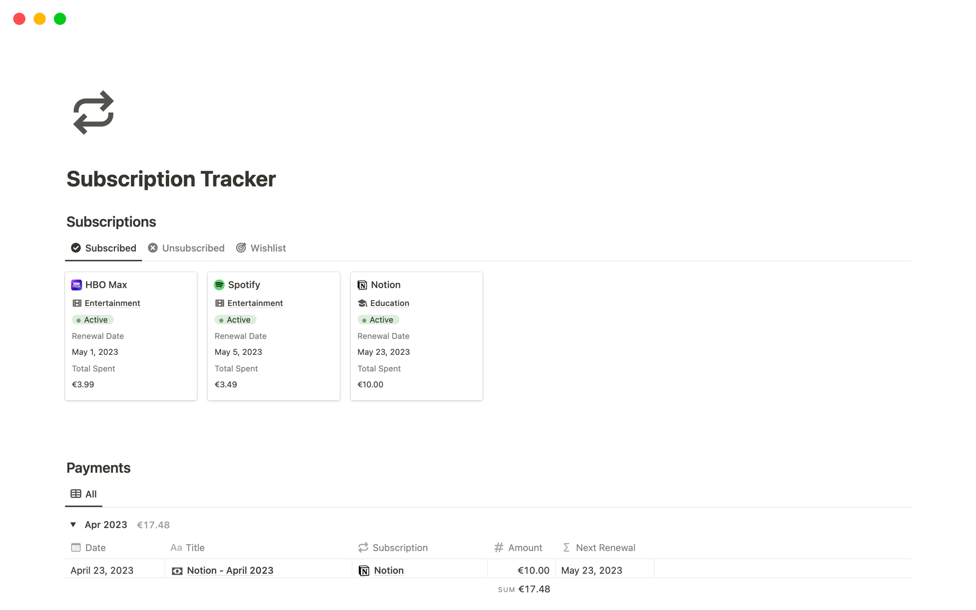 A template preview for Subscription Tracker