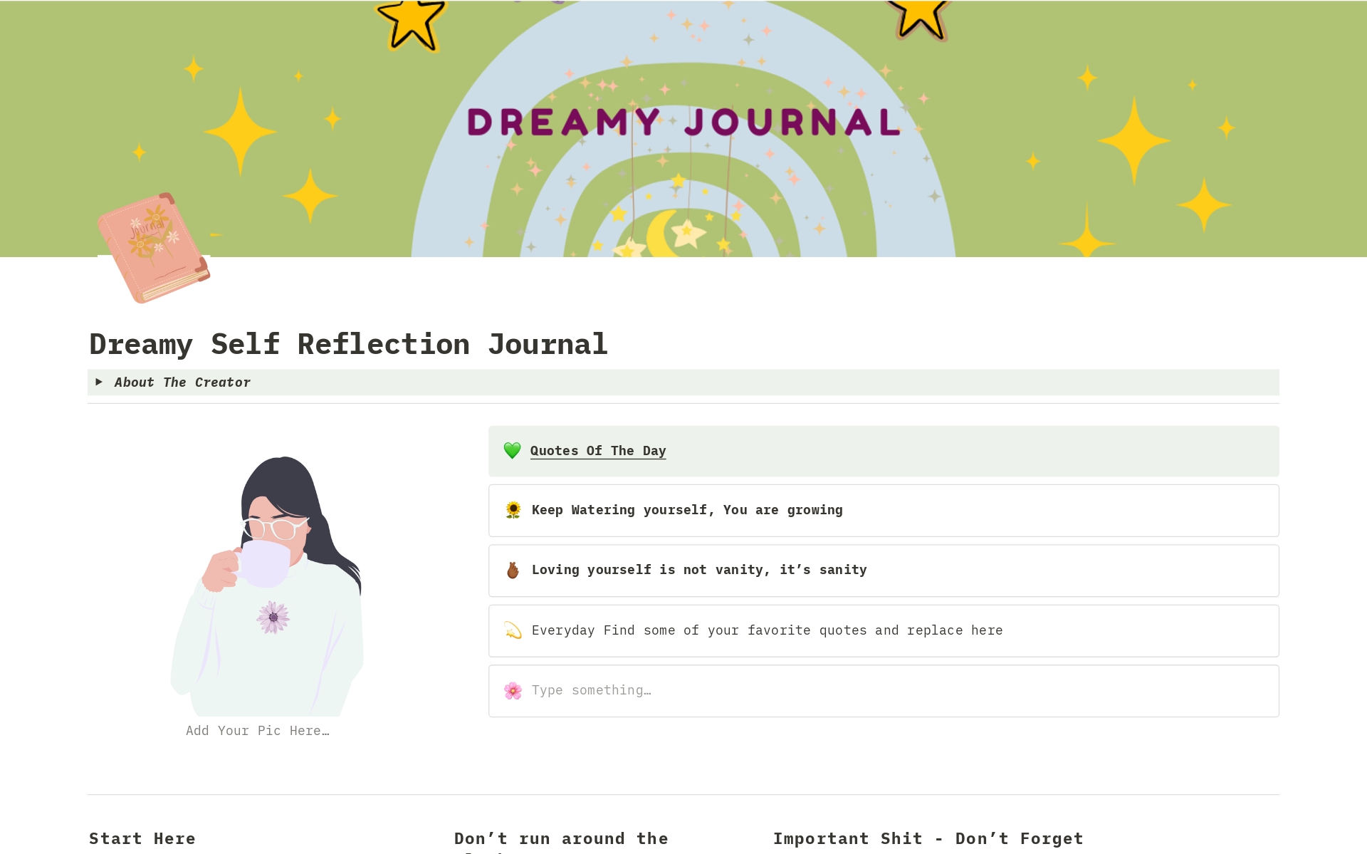 This Self-Reflection Journal Template has automated buttons to create a page for every day easily. It also has sections for note taking, reminder setting and weekly overview of your feelings.