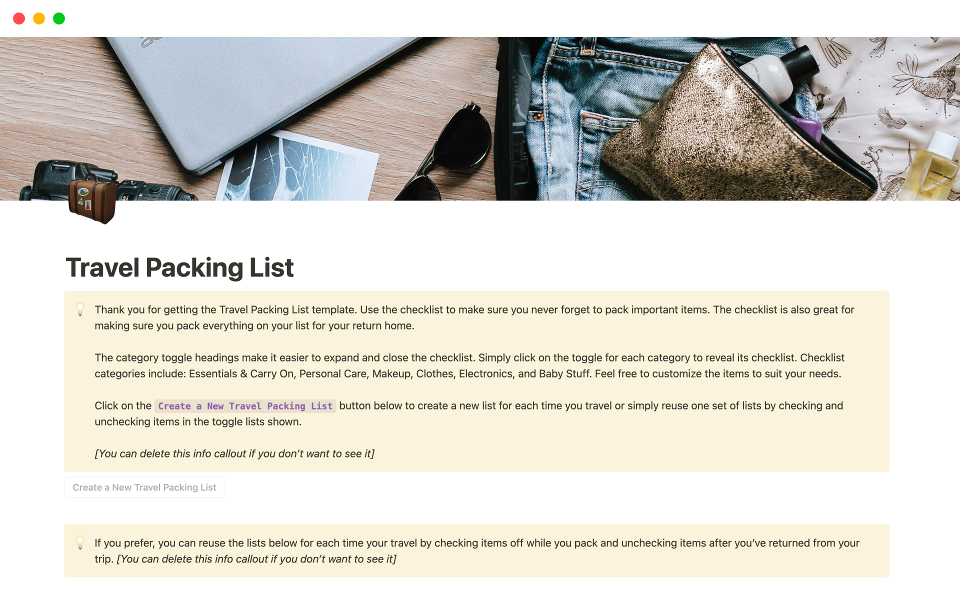 A template preview for Travel Packing List